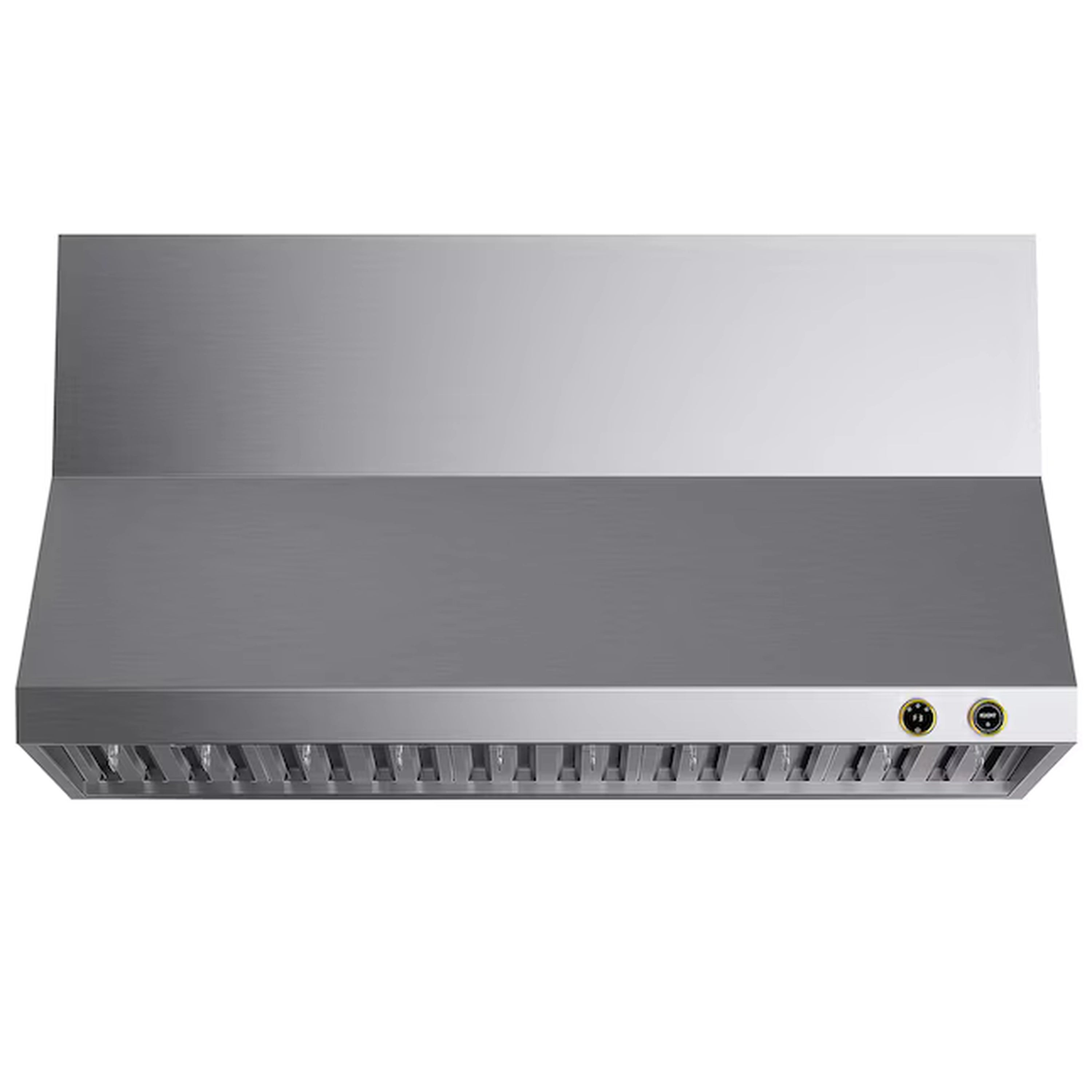 Ducted wall mount range hood in stainless steel with gold-accent control panel and grille.