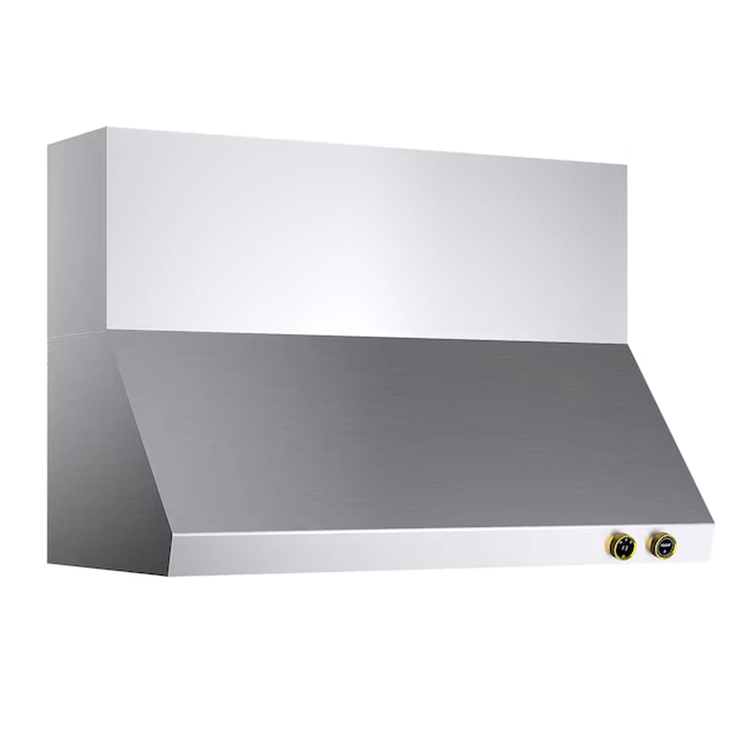 Stainless steel wall range hood side profile with two gold control buttons near right edge