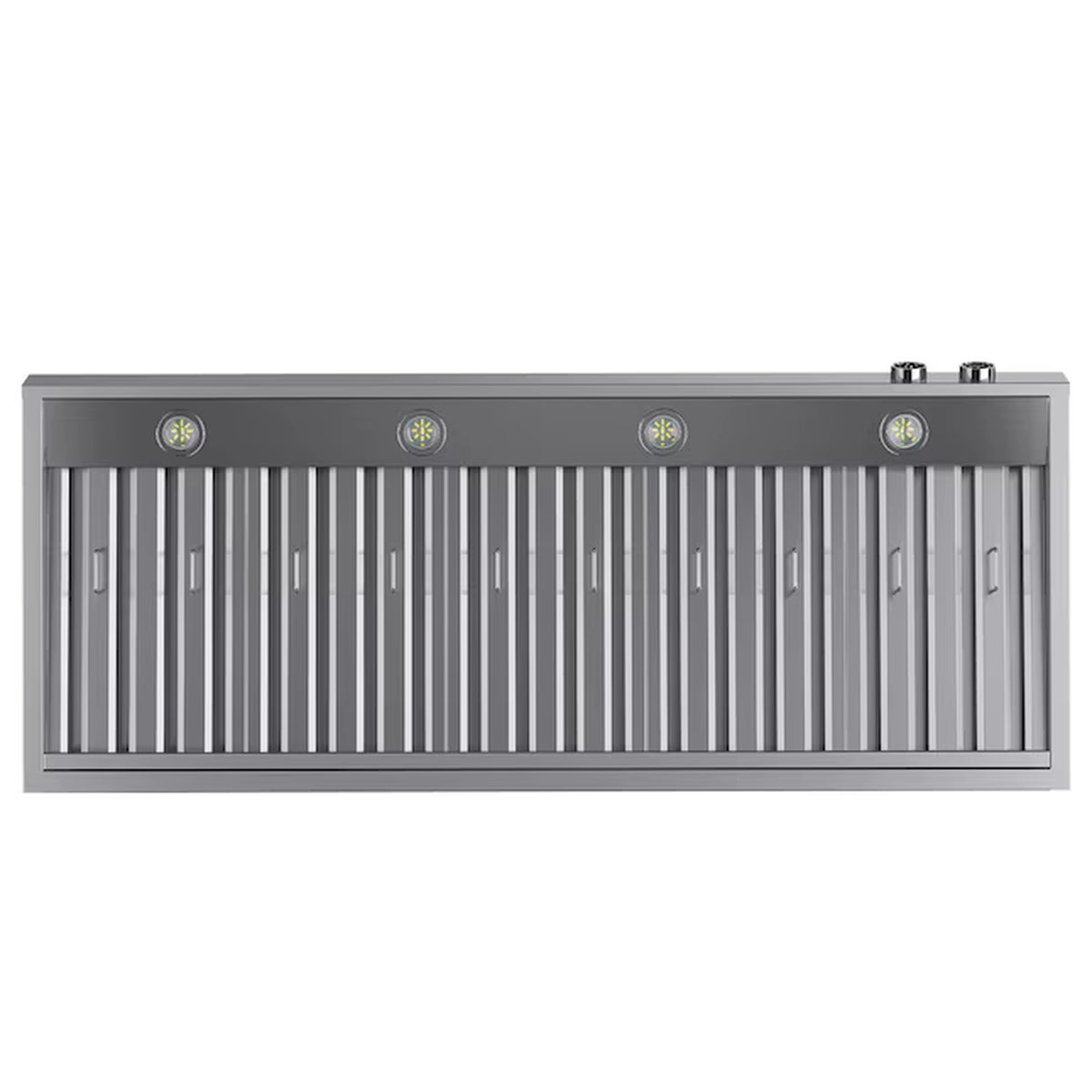 Stainless steel ducted wall mount range hood with vertical vent grille and finned filter frame.