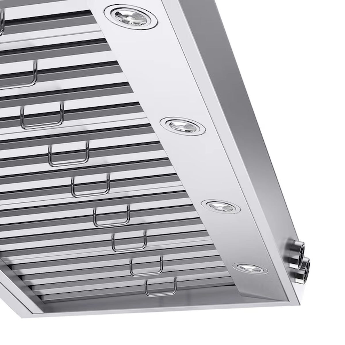 Stainless steel under-cabinet range hood interior with vent channels and recessed lights