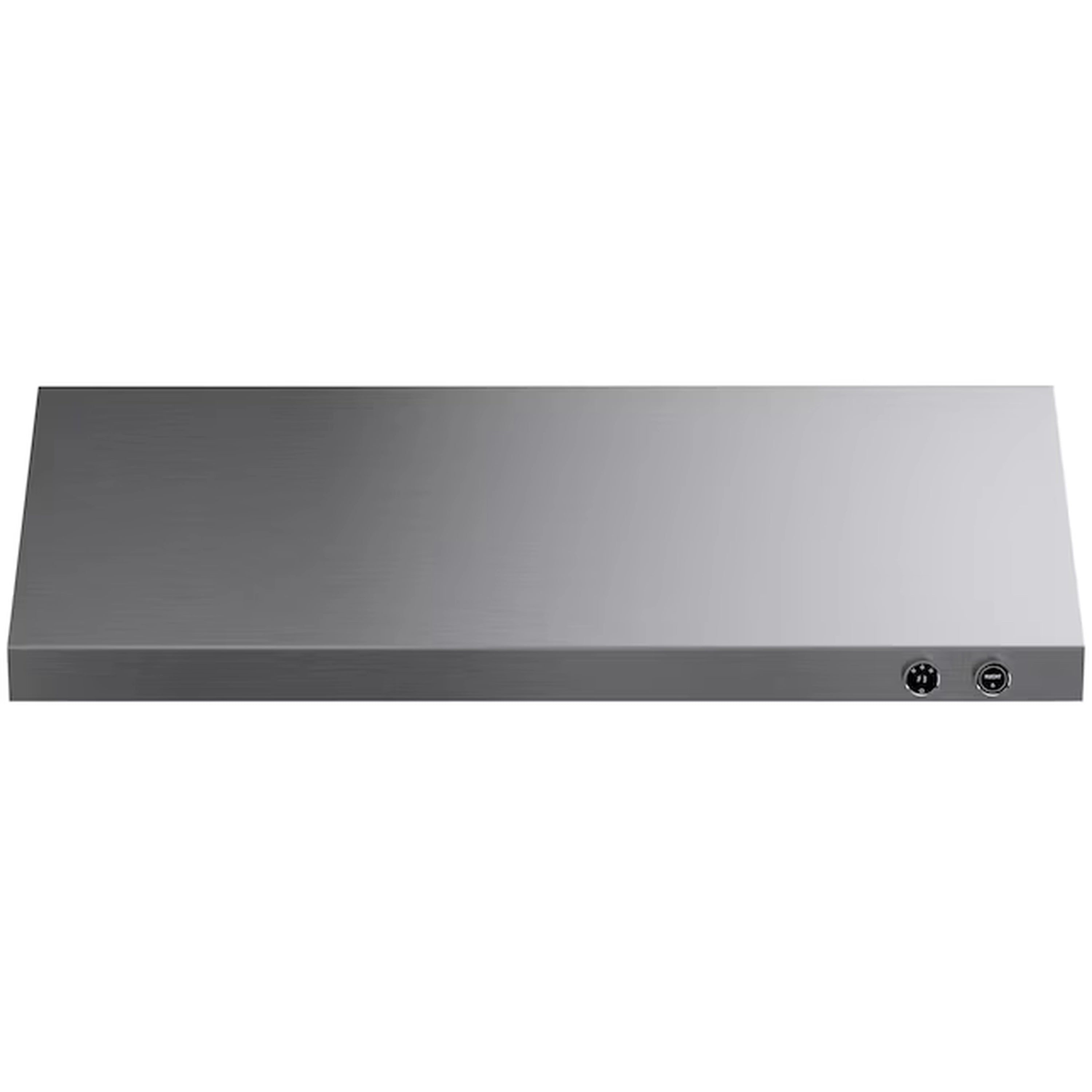 Stainless steel under-cabinet range hood side panel with two control buttons