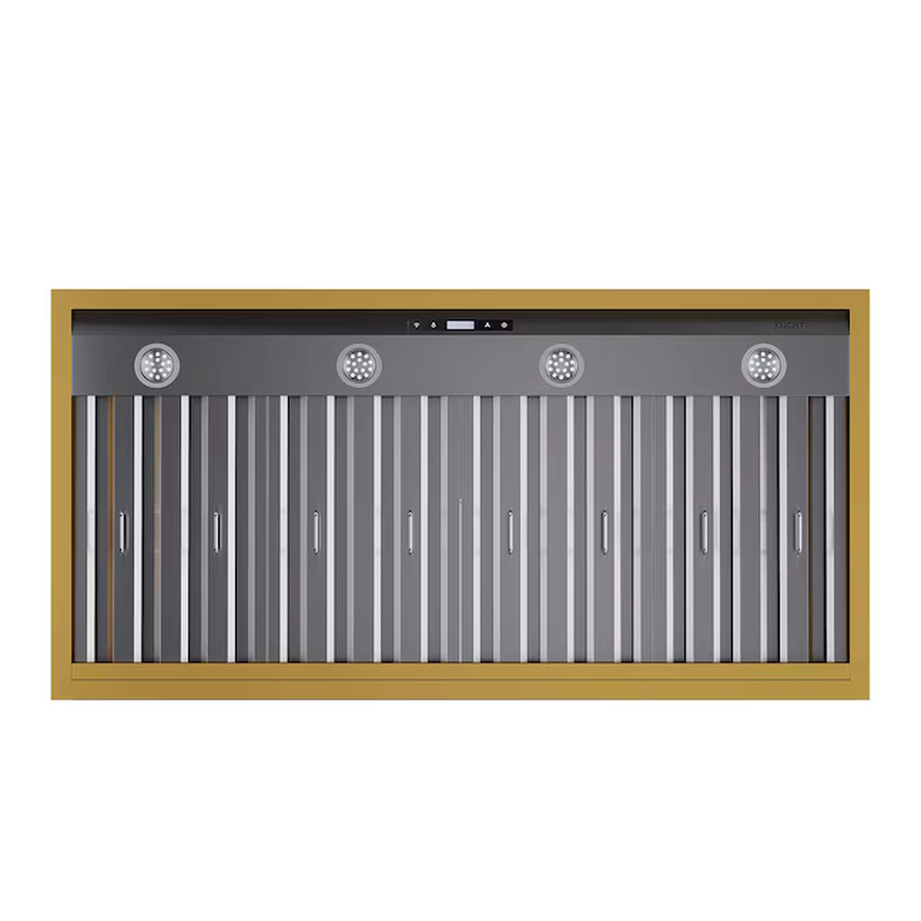 Ducted range hood underside with gold frame, metal baffle filter, and four lights