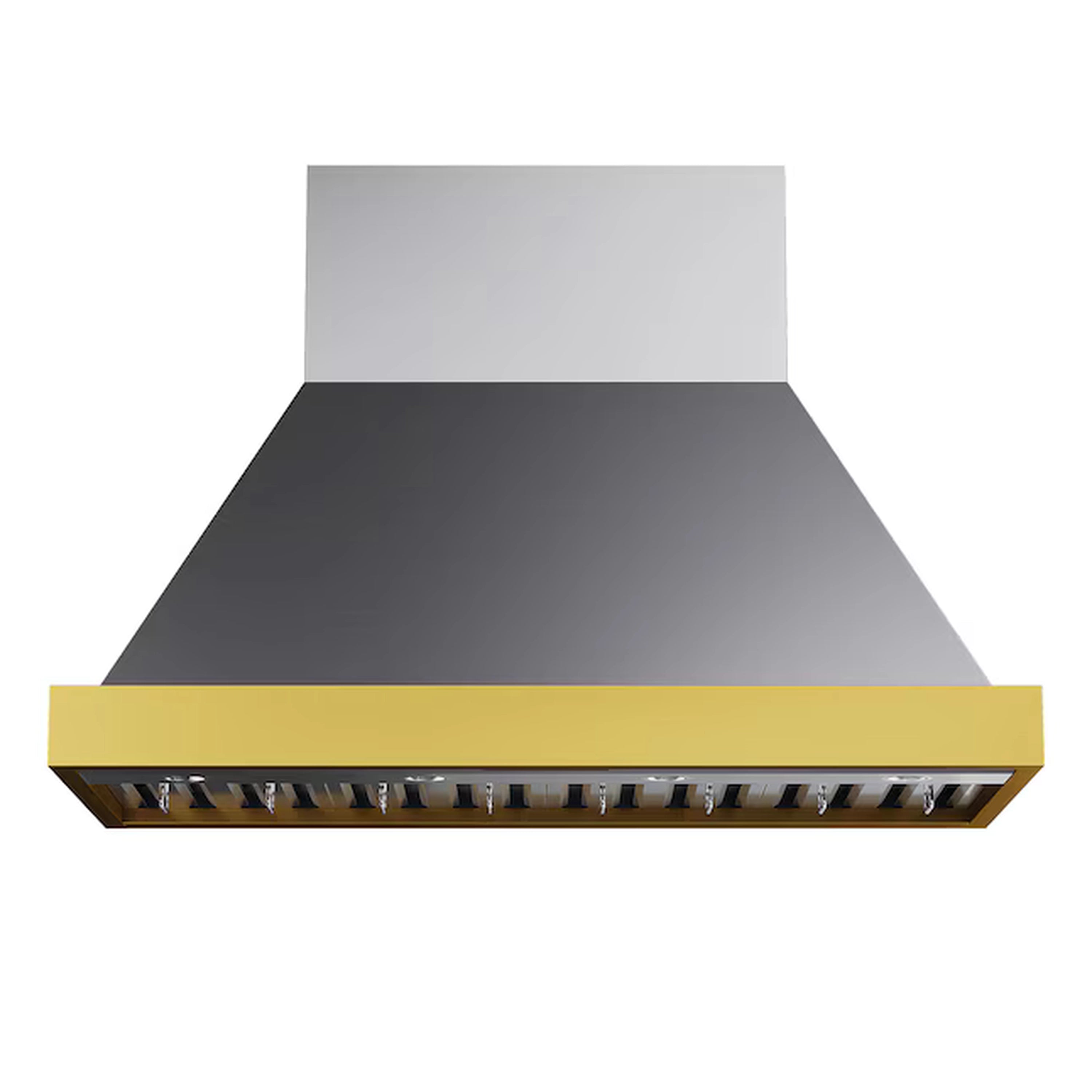 Stainless steel ducted wall mount range hood with gold trim and curved canopy