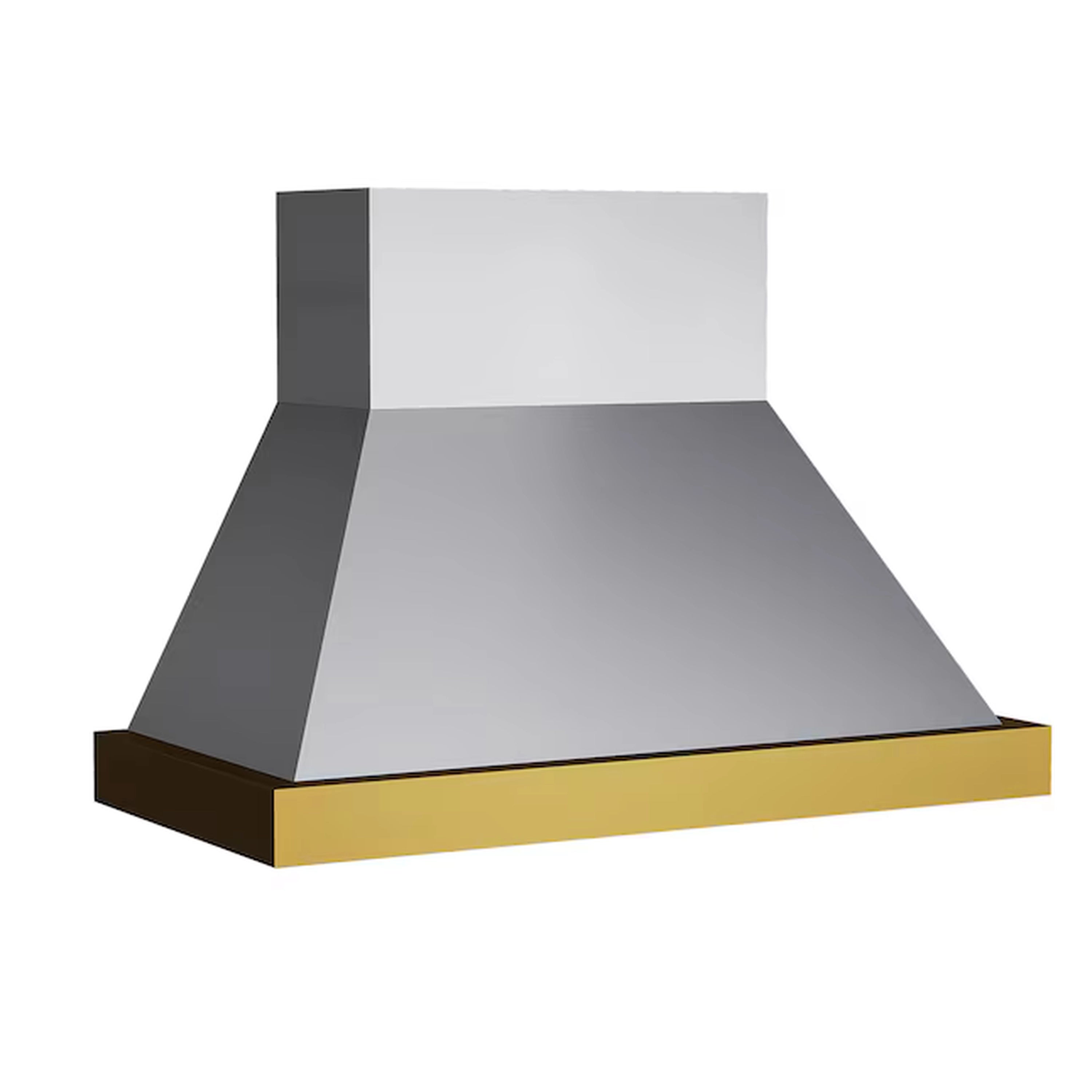 Stainless steel ducted wall mount range hood with gold bottom trim and chimney body