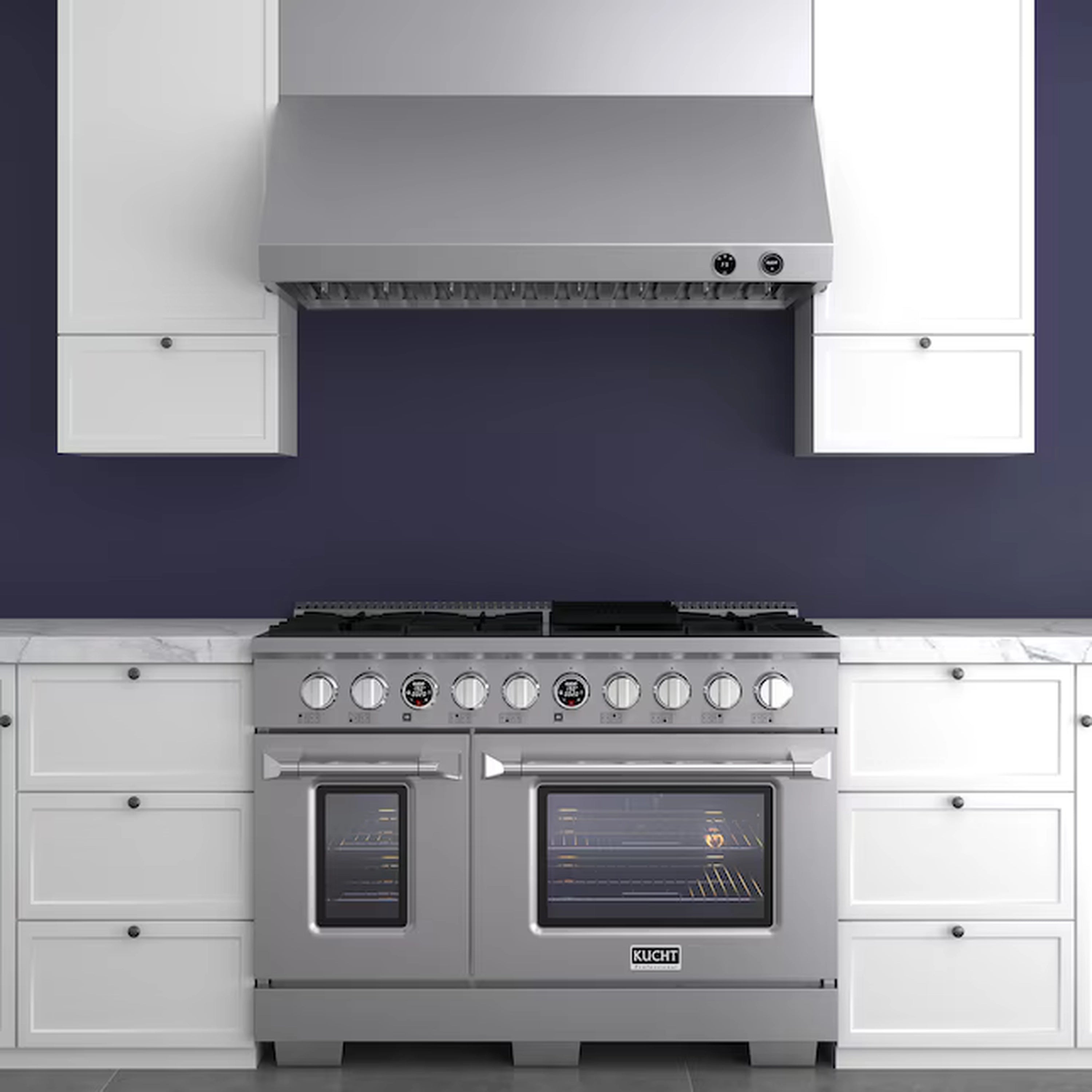 Stainless steel ducted range hood underside with filter area and two control buttons