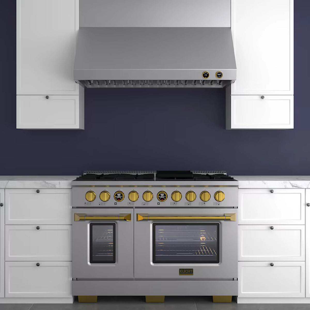 Under-cabinet range hood installed above a cooktop with gold knob controls
