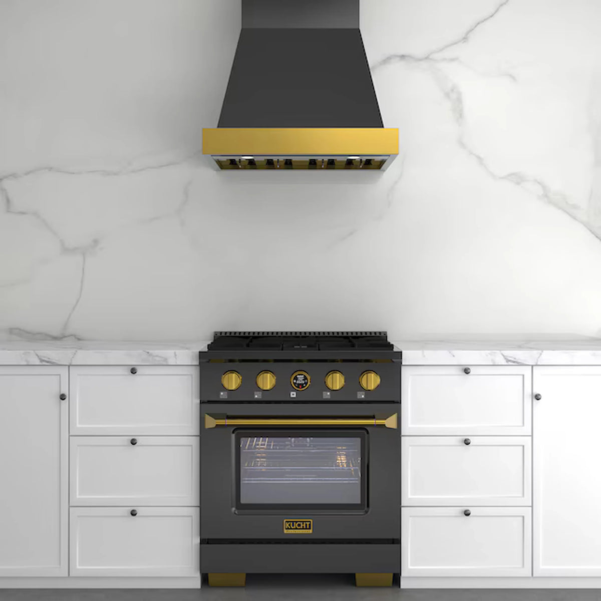 Dark titanium stainless range with gold-accent knobs and wall-mount range hood