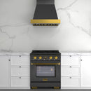 Kucht 2-Piece Appliance Package - 30-Inch Propane Gas Range with 4.2 Cu. Ft. Oven & Wall Mount Range Hood in Dark Titanium Stainless Steel with Gold Accents