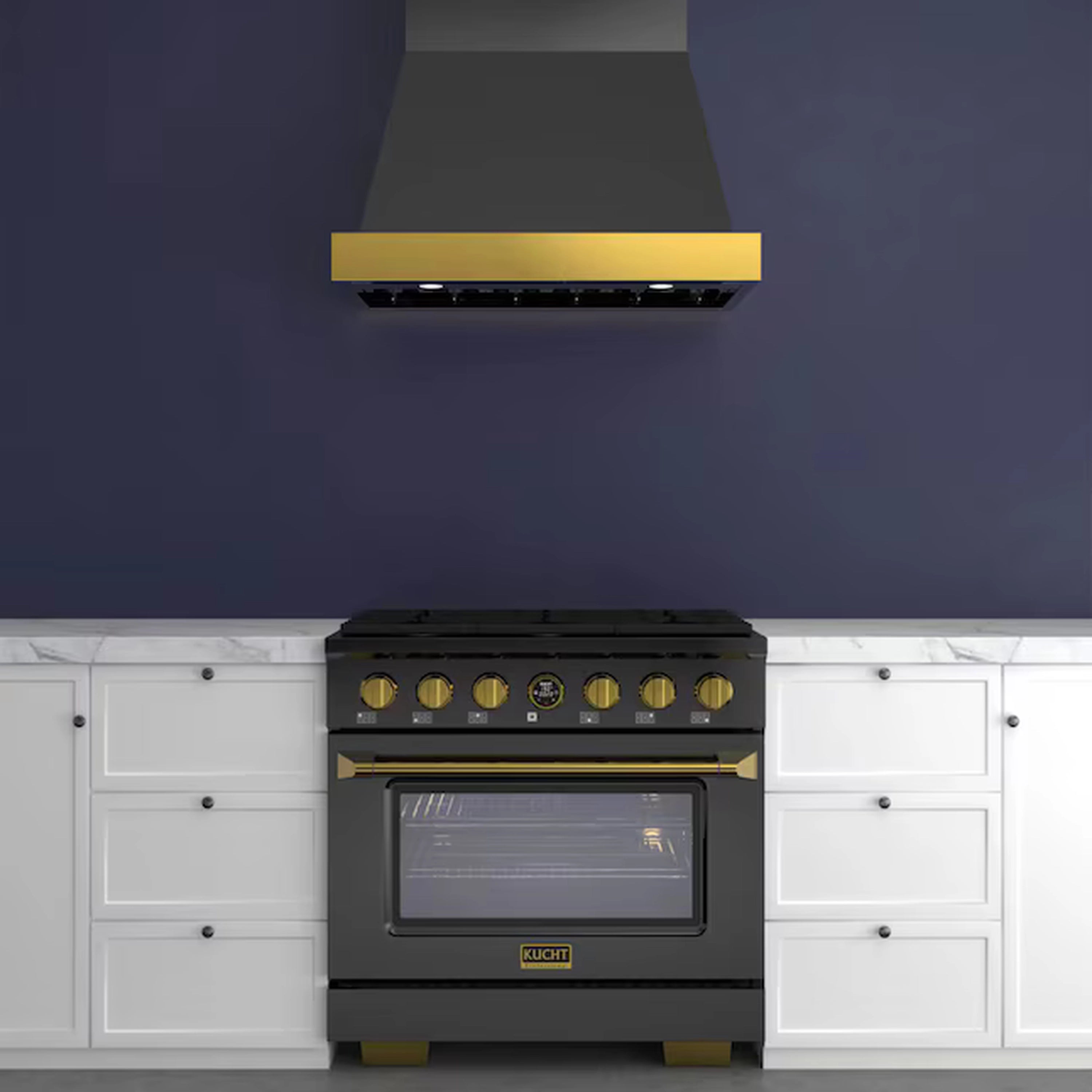 Wall-mounted range hood over black control panel with five gold knob switches