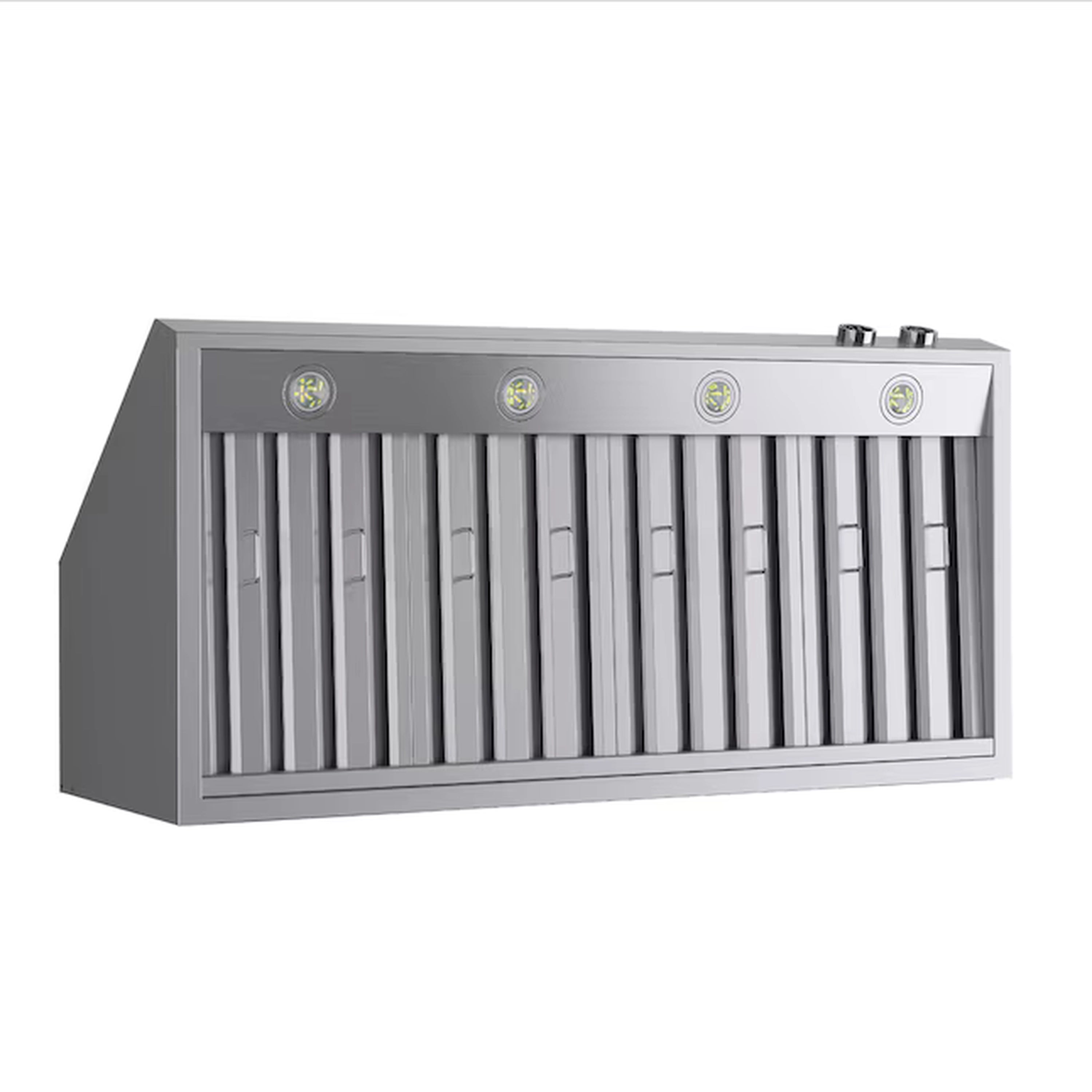 Stainless steel vent hood with vertical grille slats and four indicator lights on top