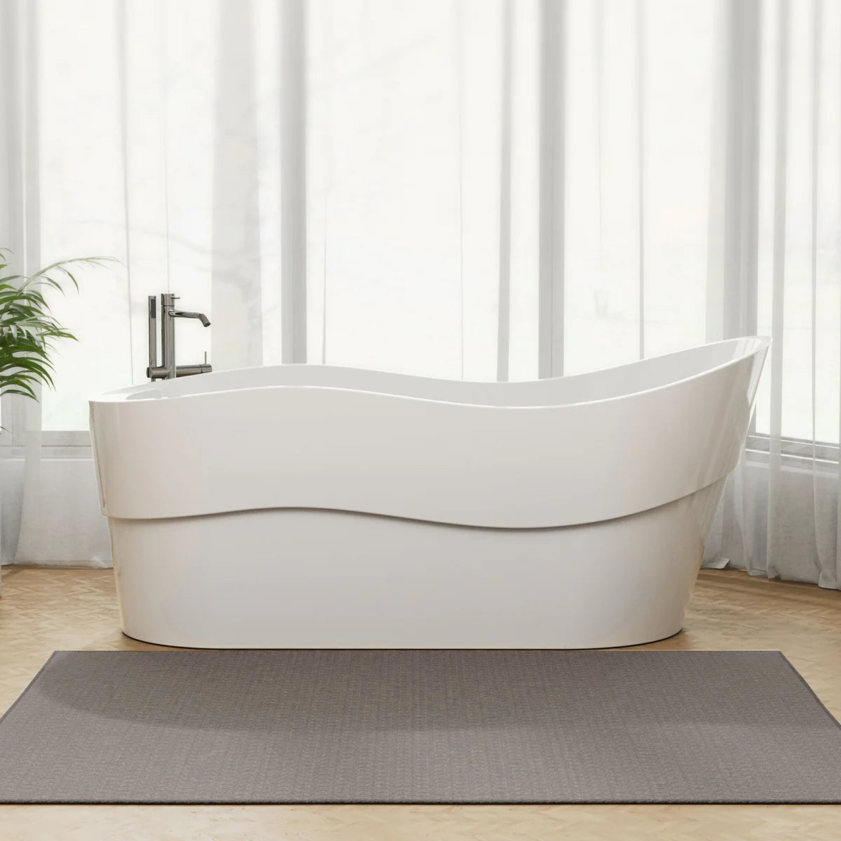 Freestanding soaking tub, glossy white, front three-quarter view with curved apron