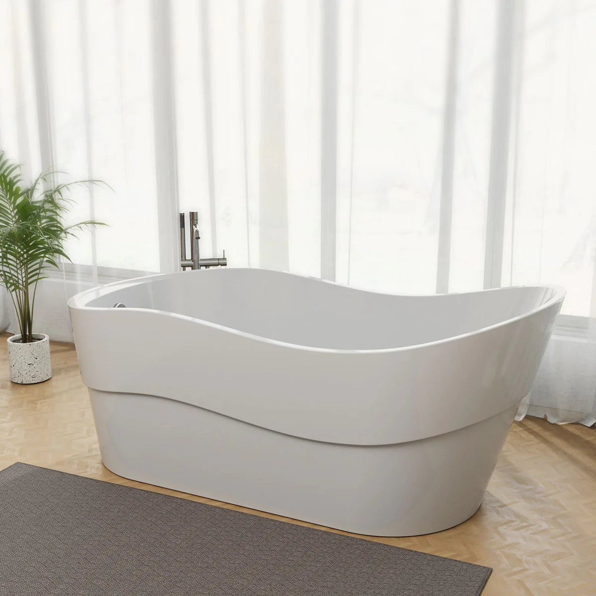 Freestanding soaking tub, glossy white, oval shape with integrated rim