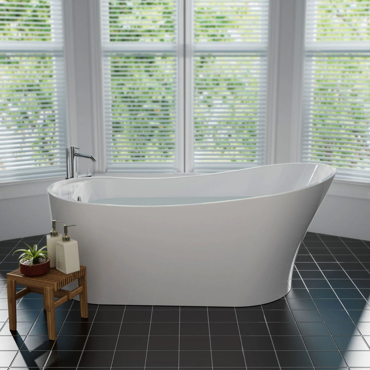White freestanding soaking tub with chrome faucet at the back, glossy finish.