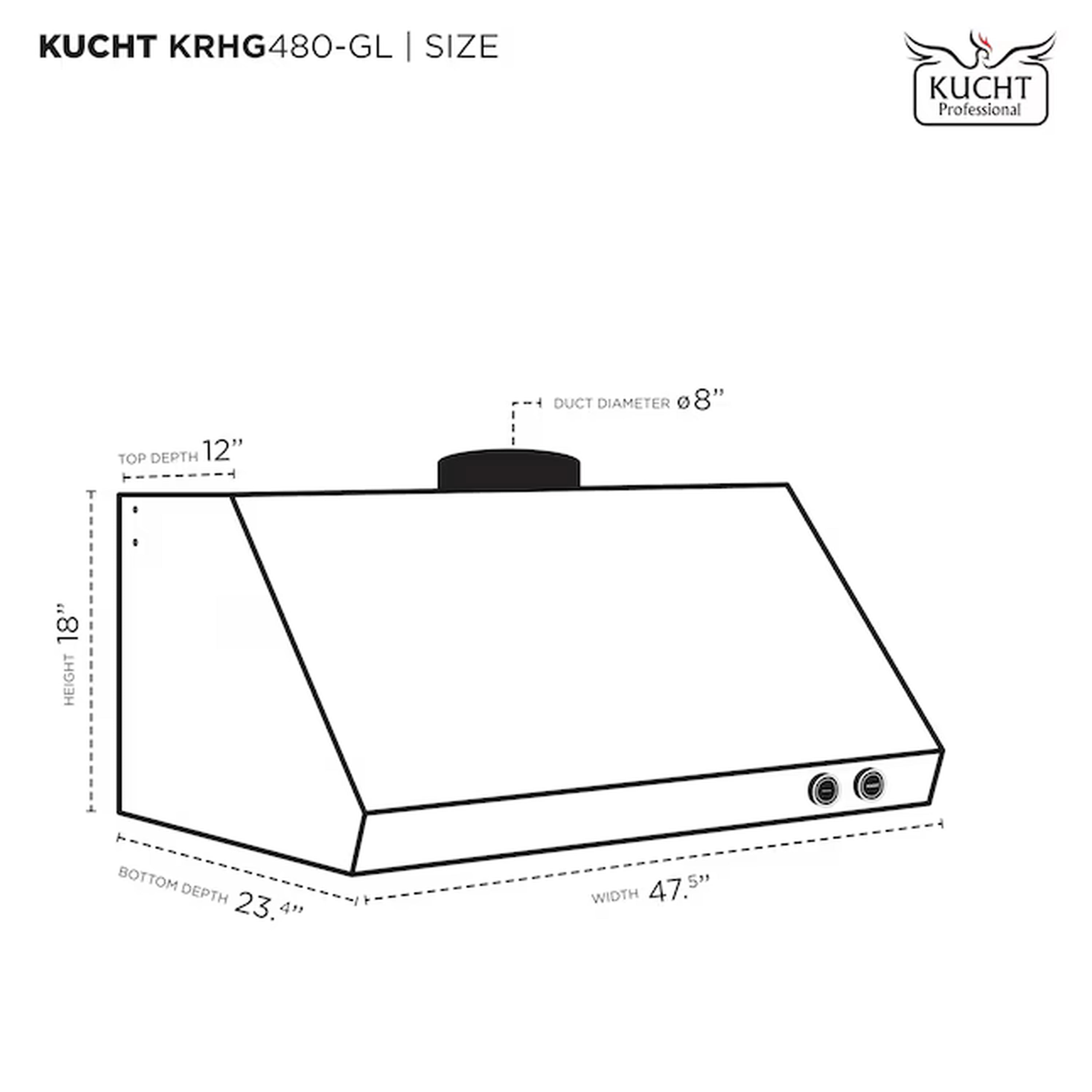 Ducted under-cabinet range hood line diagram with size measurements and vent outlet