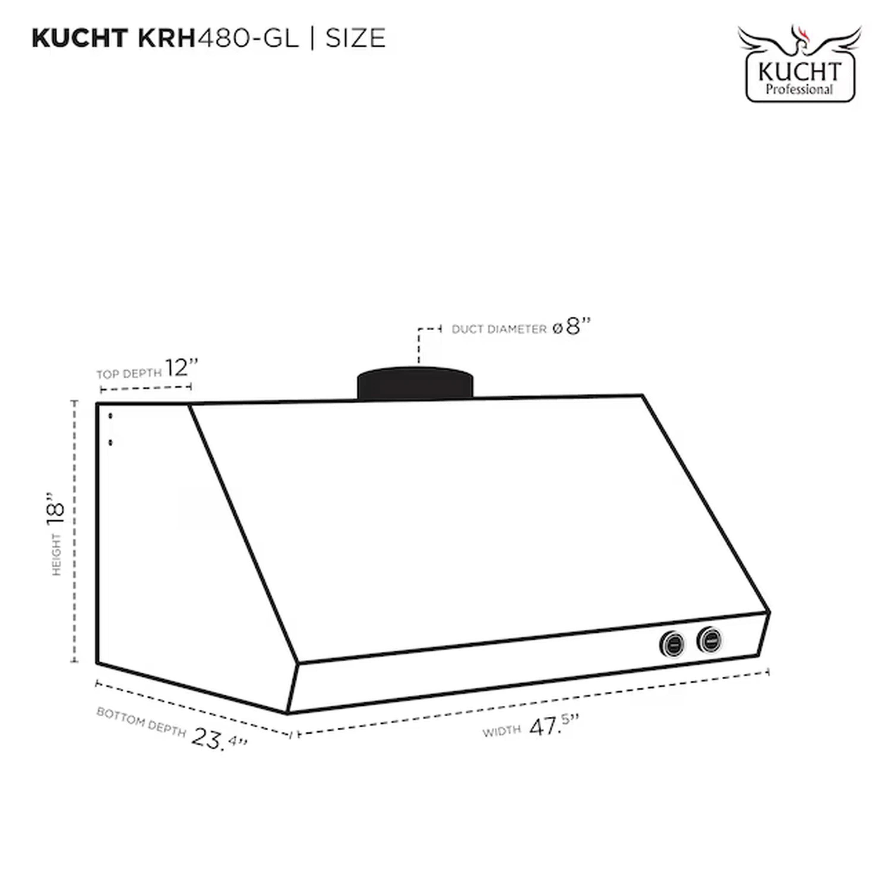 Under-cabinet range hood size diagram with duct diameter and overall dimensions