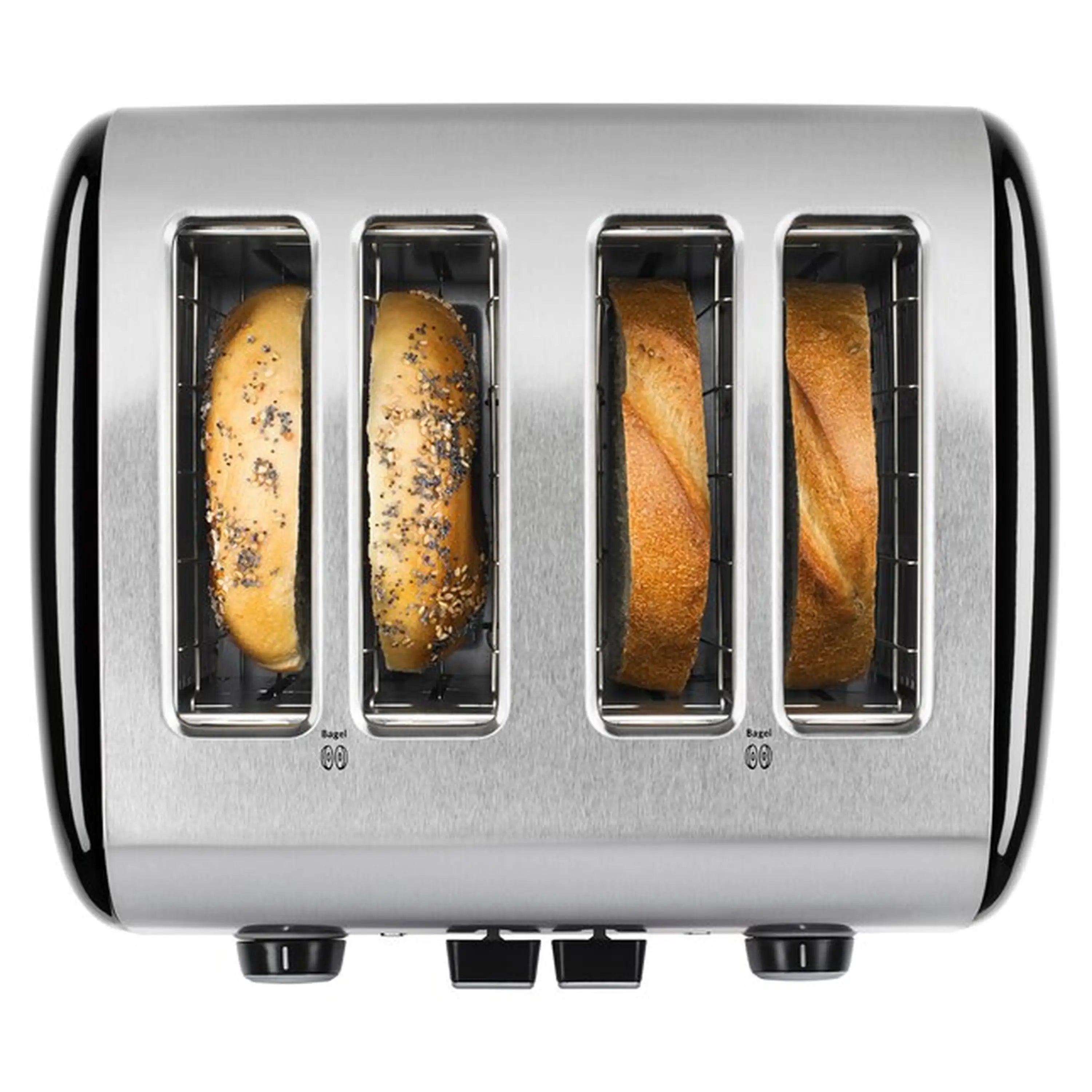 4-slice toaster with four open slots, bread visible inside, front view