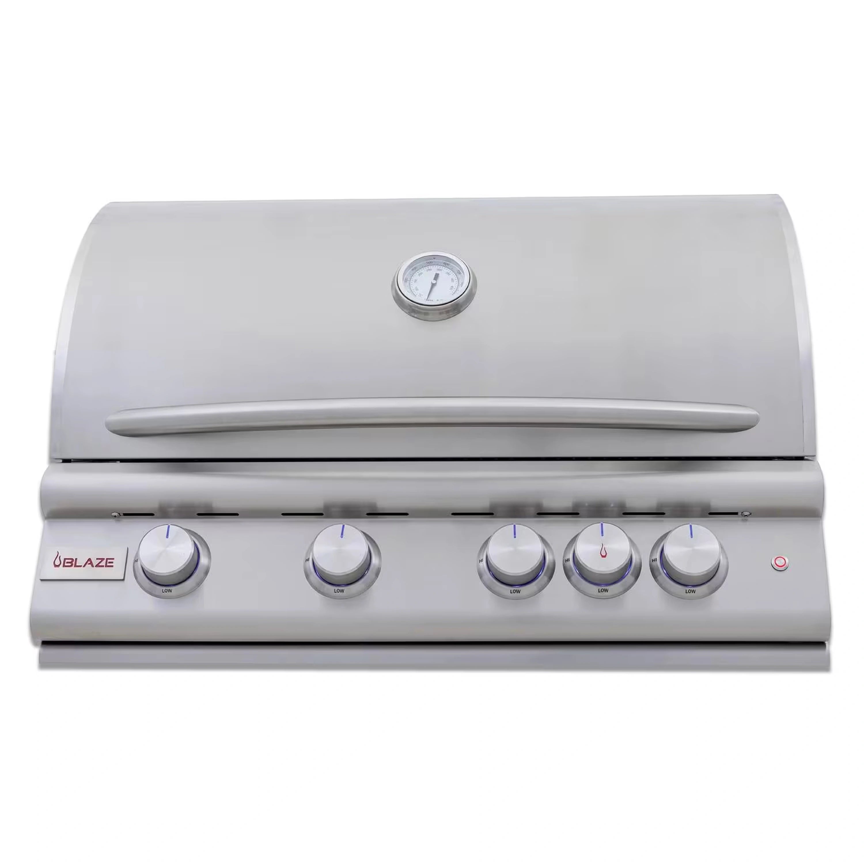 Stainless steel 4-burner grill lid and front control panel with five knobs