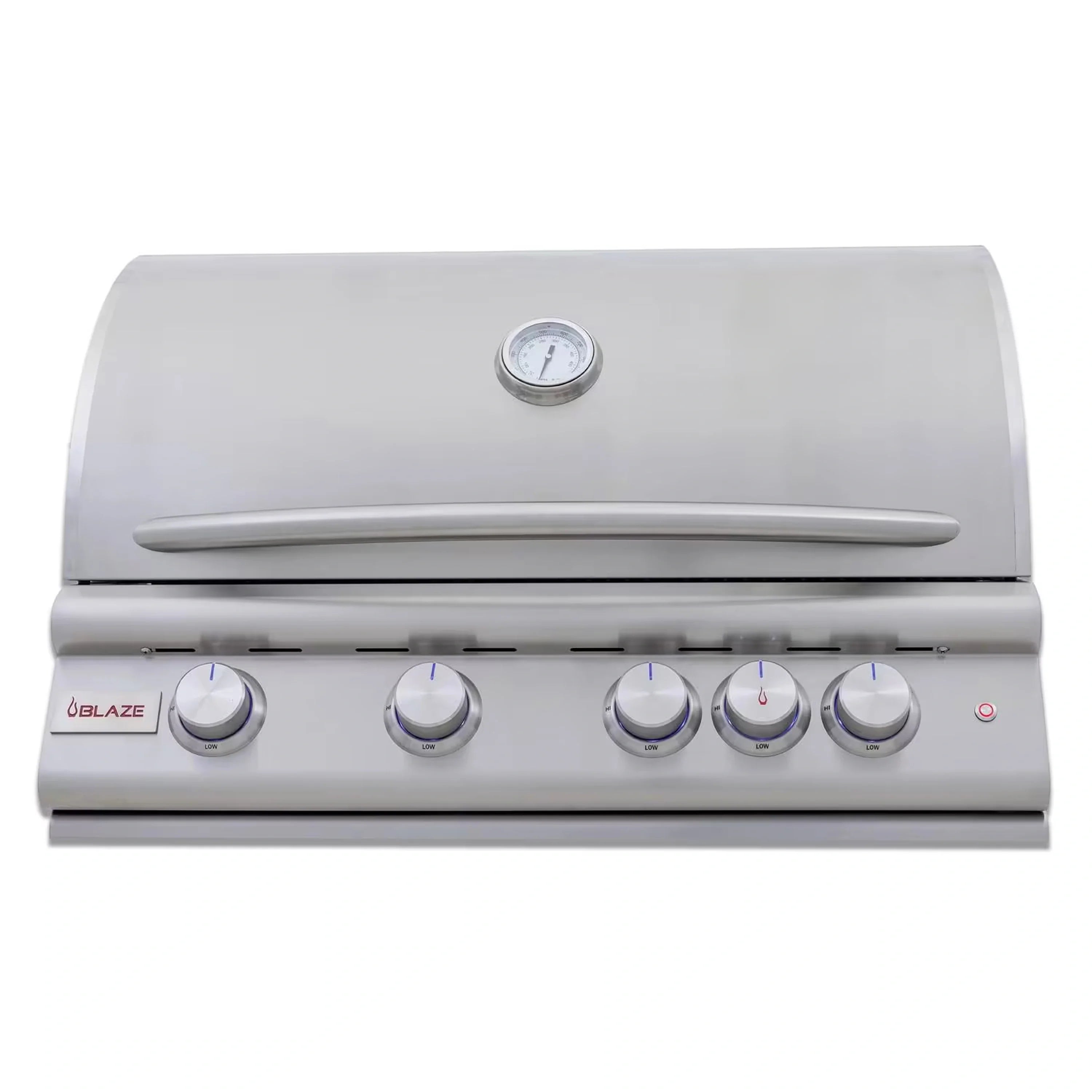 Front view of stainless steel natural gas grill with central thermometer and burner knobs