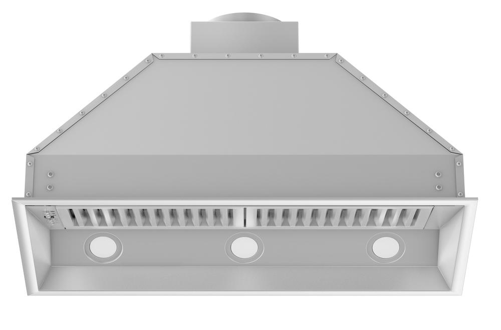Stainless steel range hood insert front panel with three round vents and filter grille