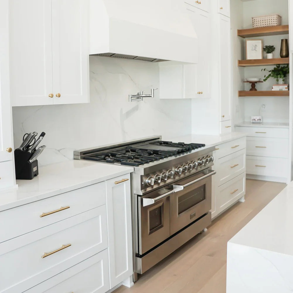 Stainless steel range hood insert over built-in gas cooktop with vent canopy