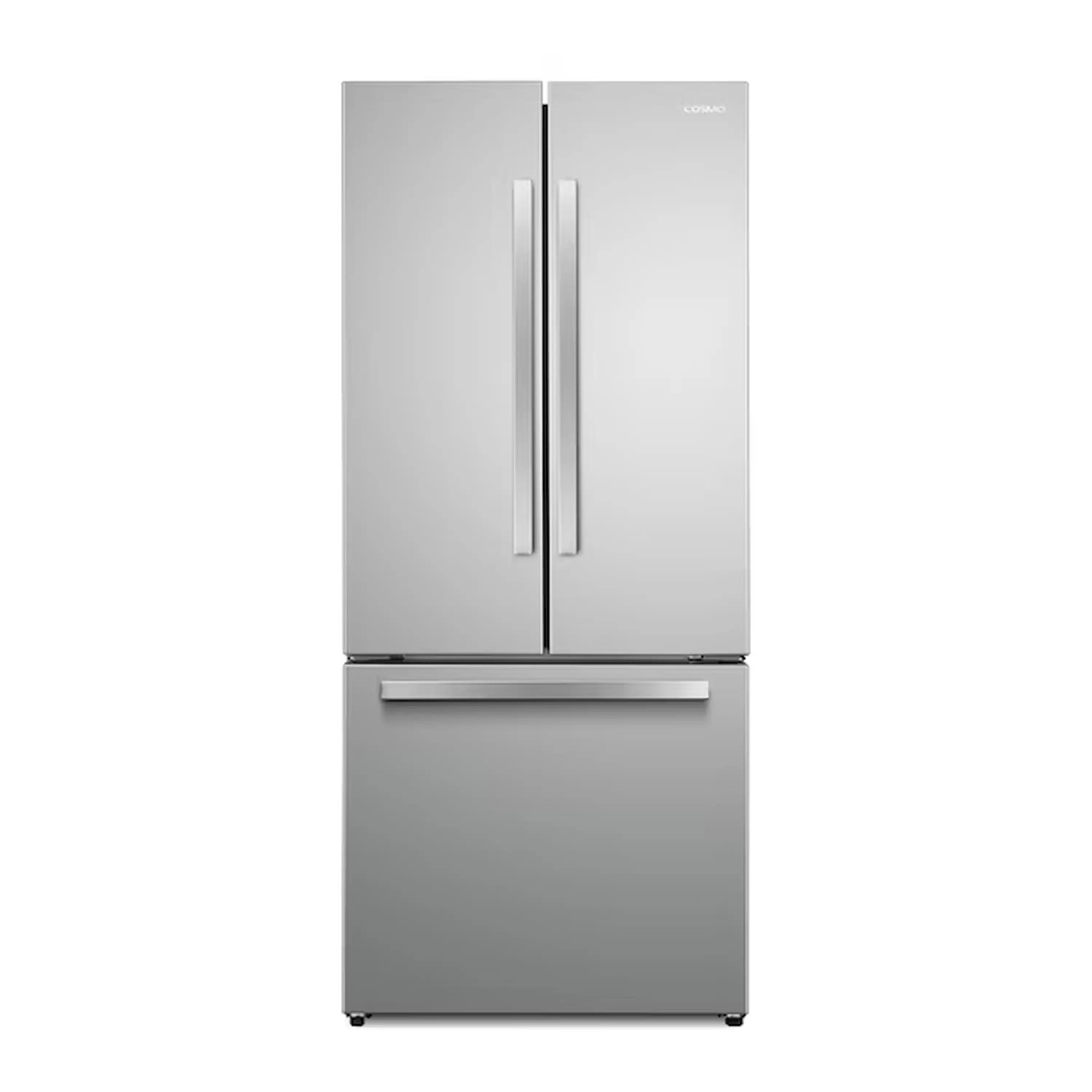 Stainless steel French door refrigerator with vertical handles and bottom freezer drawer