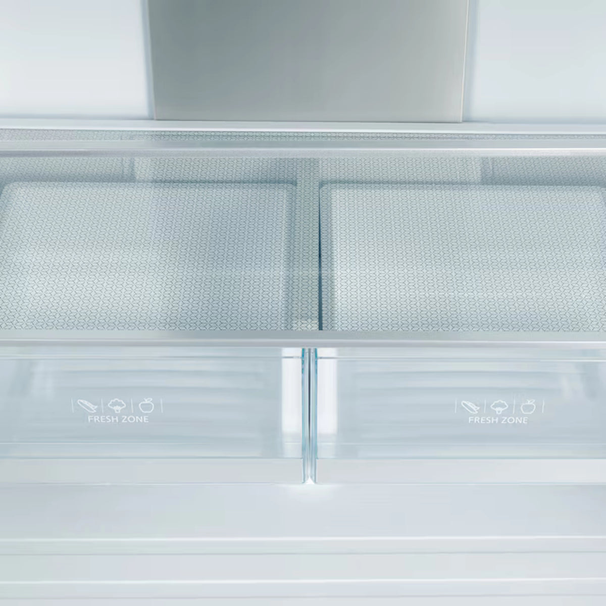 French door refrigerator crisper drawers with see-through fresh zone area in the middle