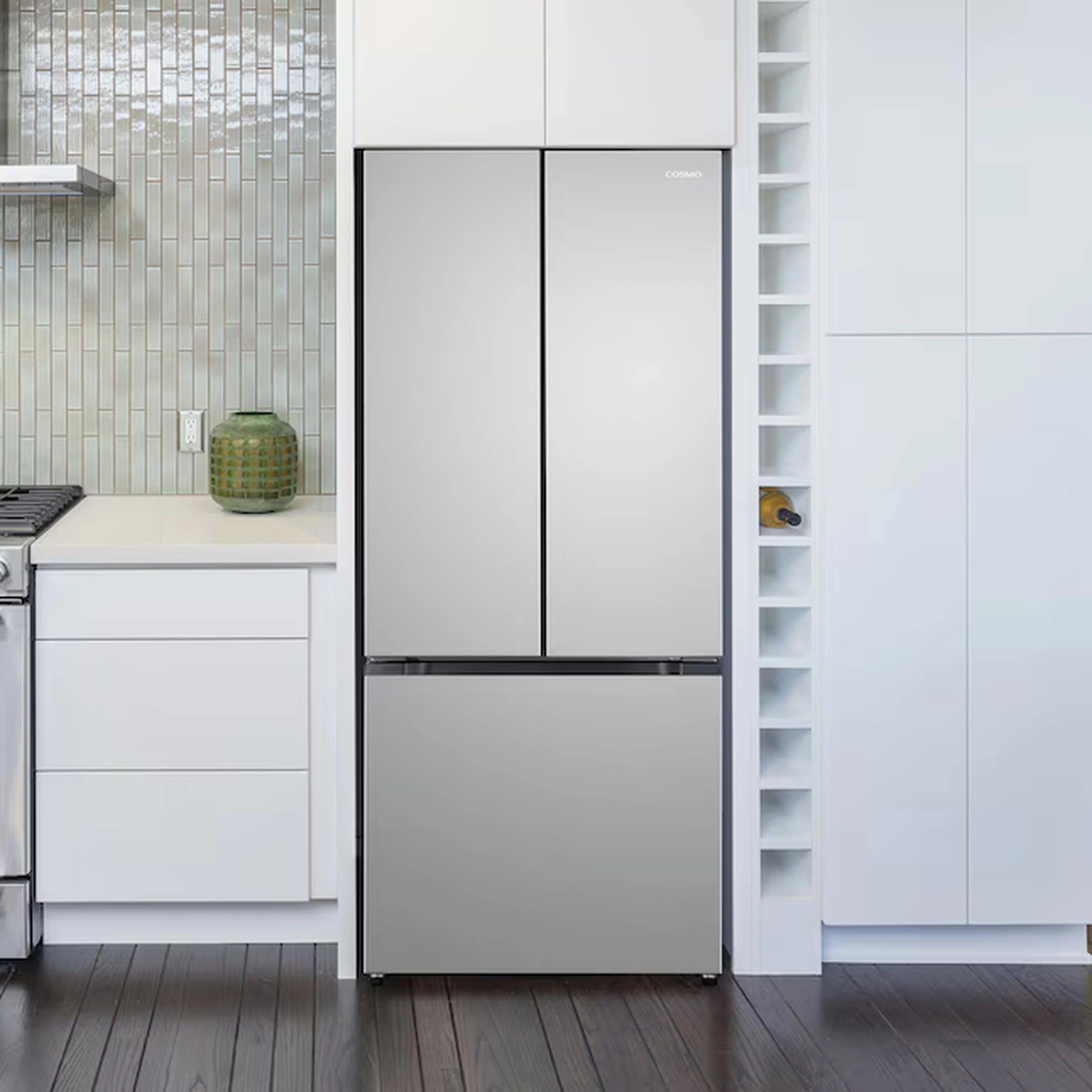 Stainless steel French door refrigerator with two upper doors and bottom freezer