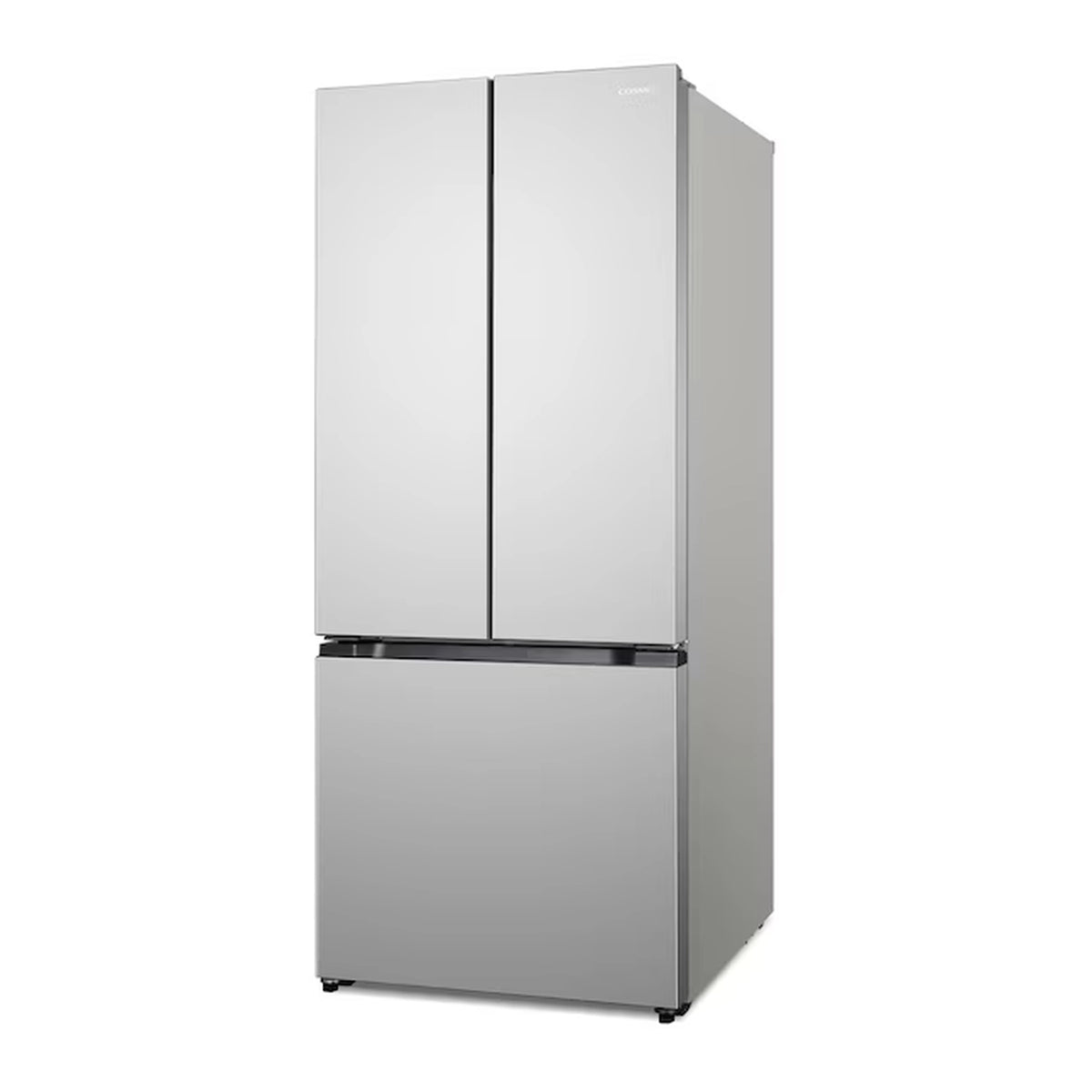 Stainless steel French door refrigerator with two top doors and bottom freezer closed