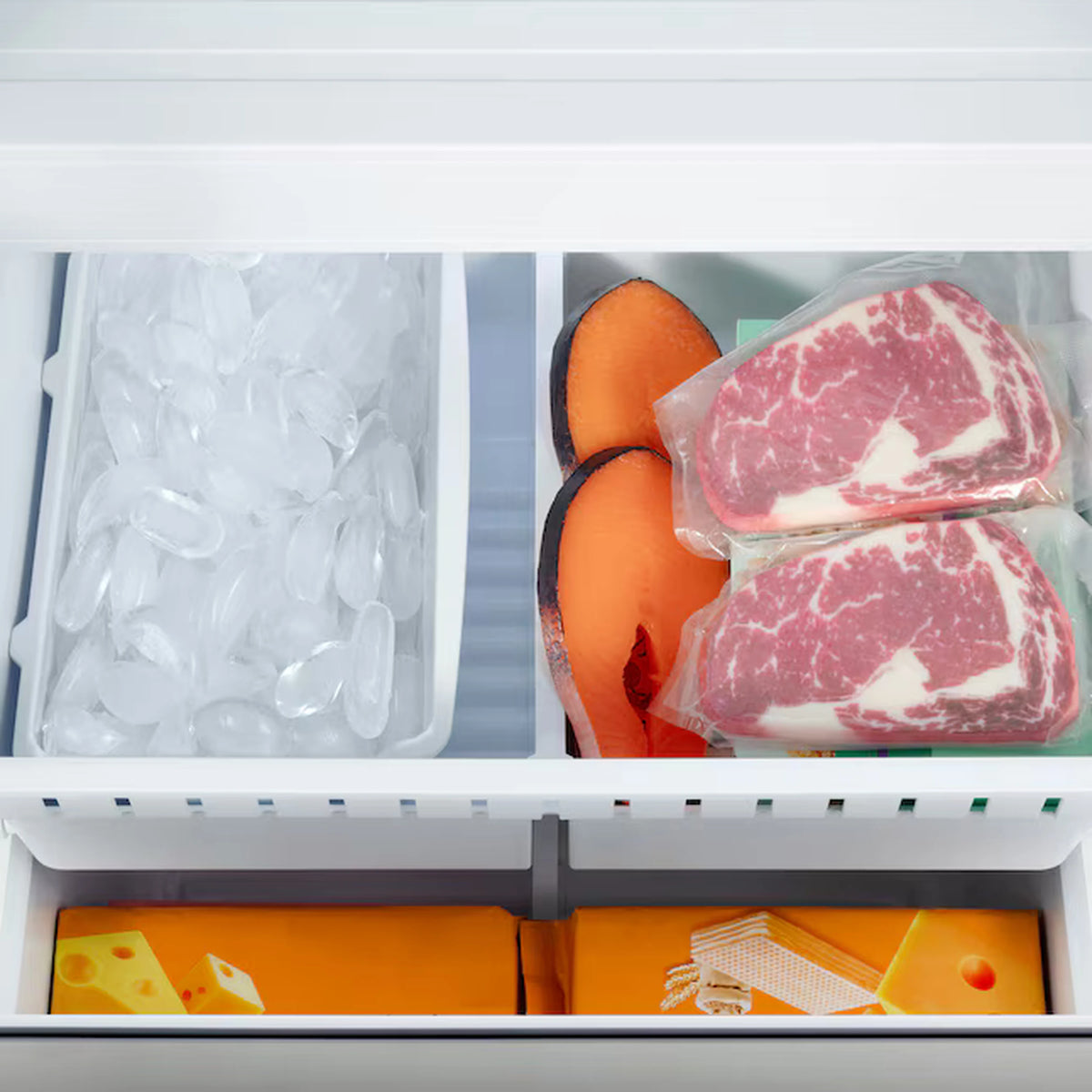 Counter-depth French door refrigerator, open freezer with ice maker bin and food storage