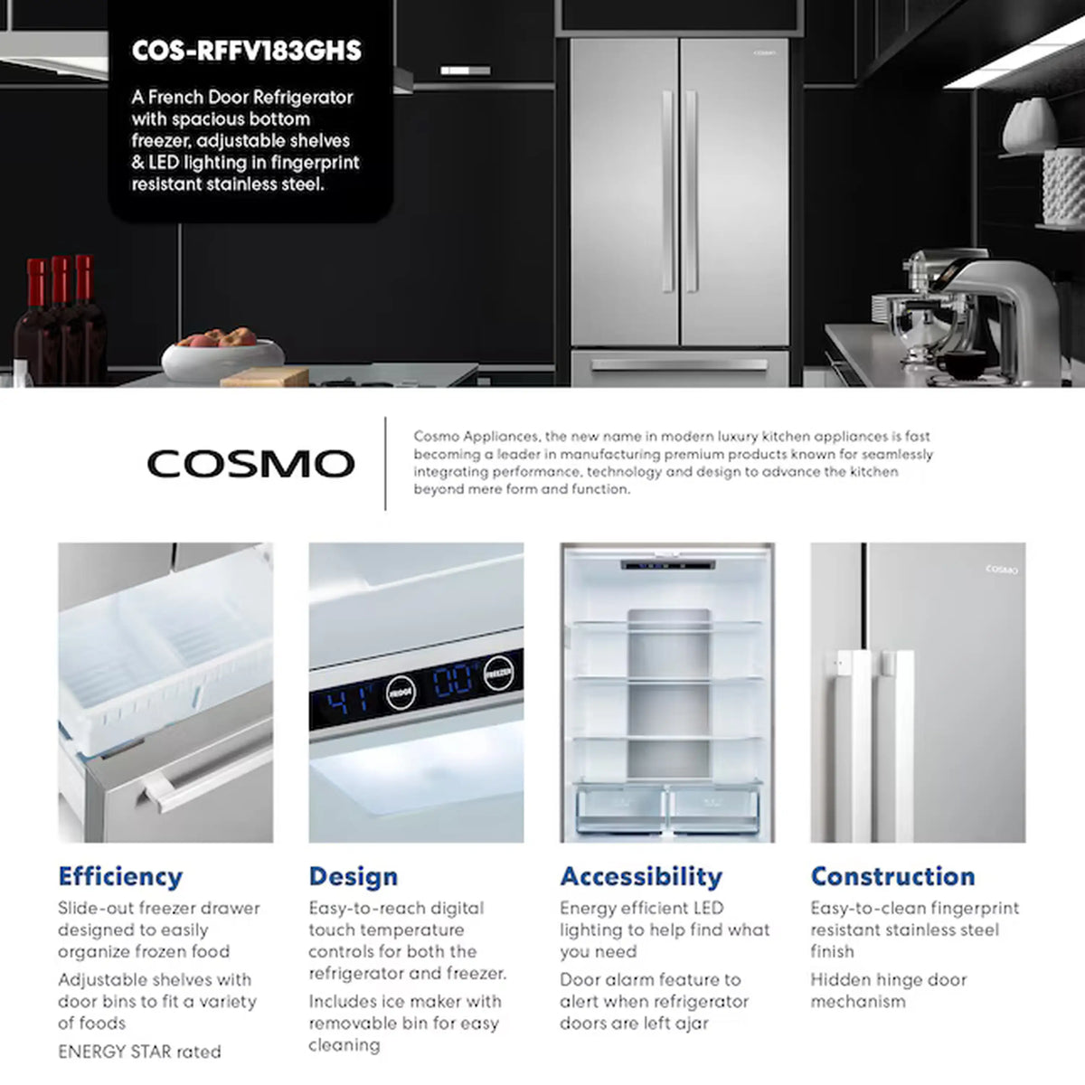 Stainless steel French door refrigerator with two doors and vertical ice maker handles