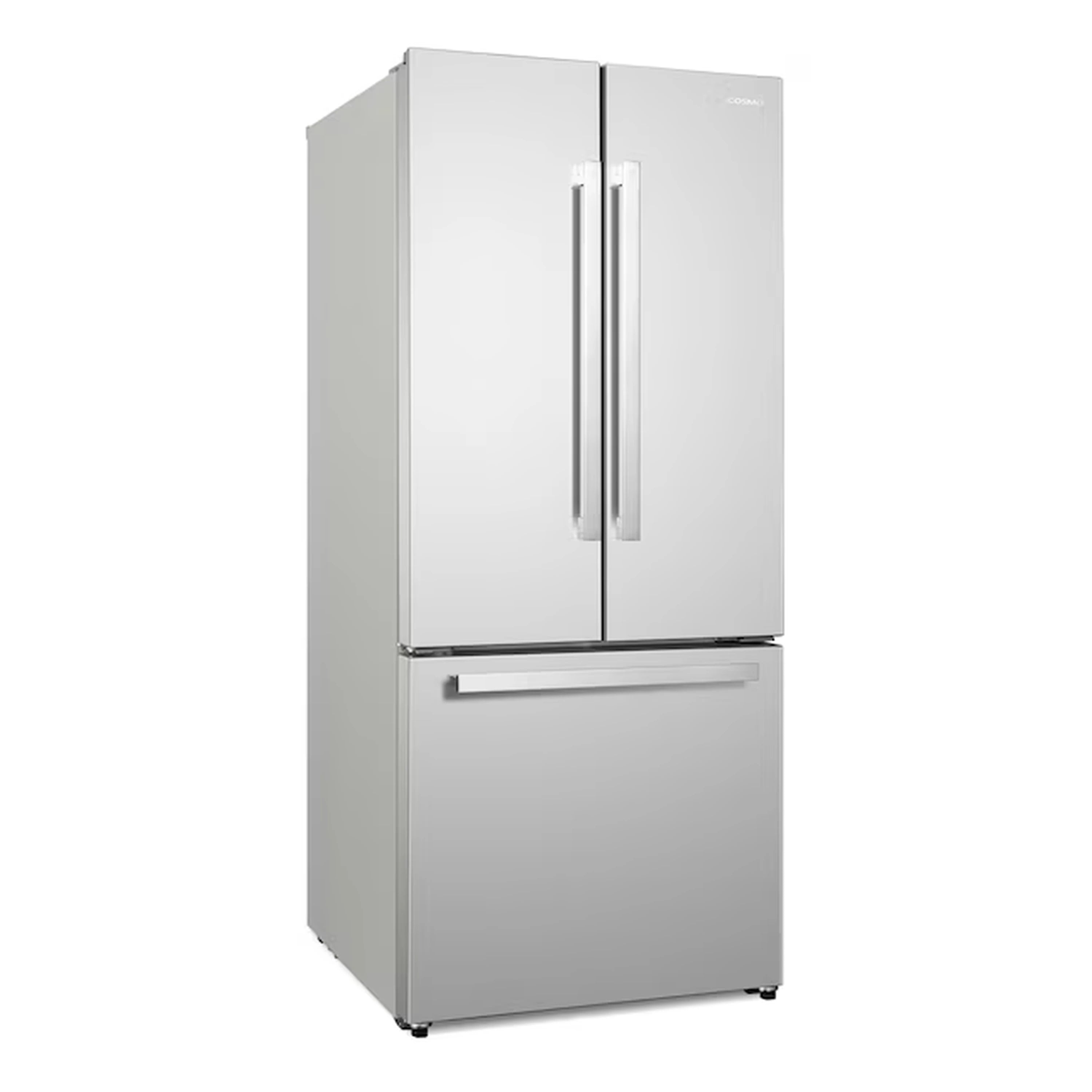 Stainless steel French door refrigerator with vertical dispenser handles and bottom freezer