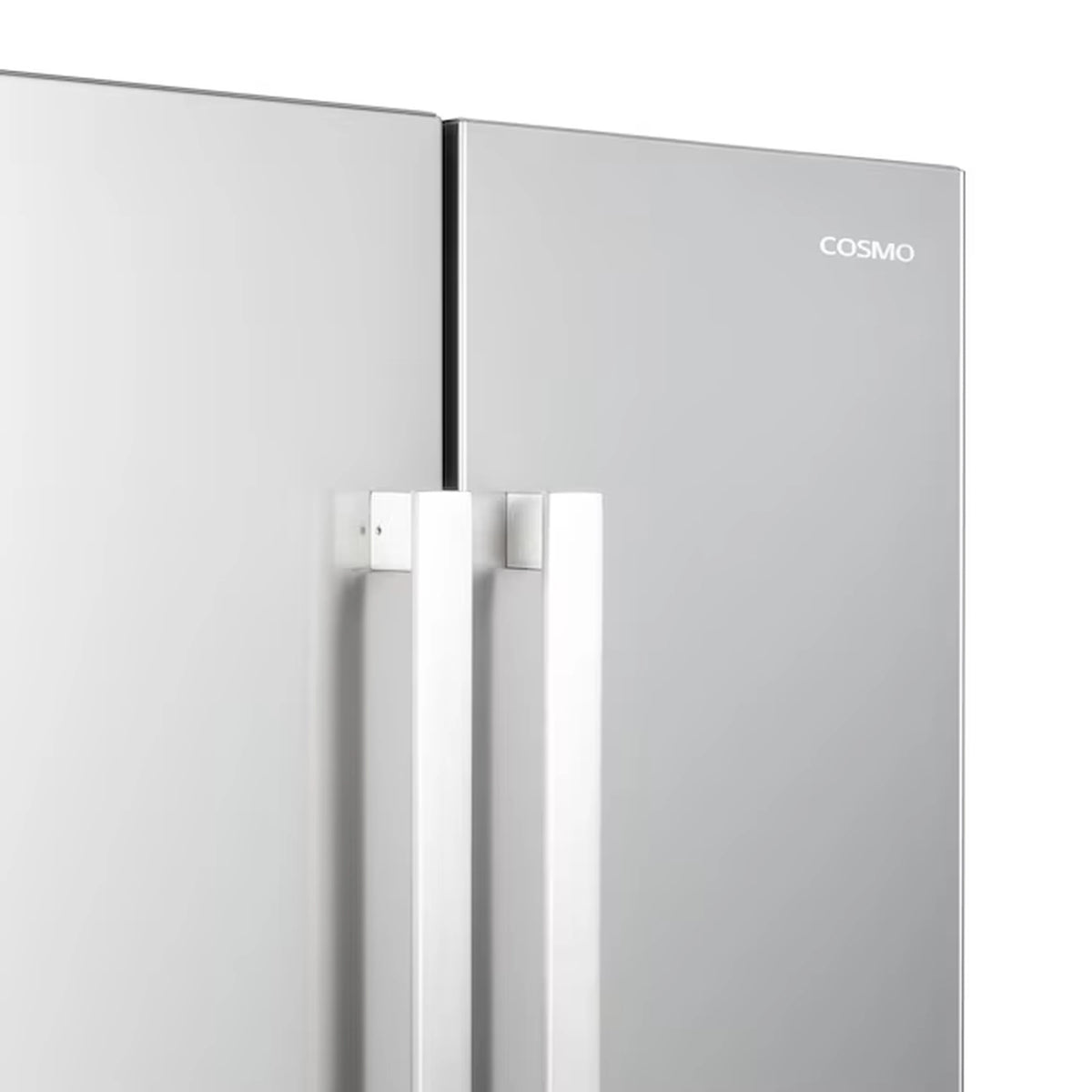 Stainless steel double door refrigerator with vertical handles and COSMO logo