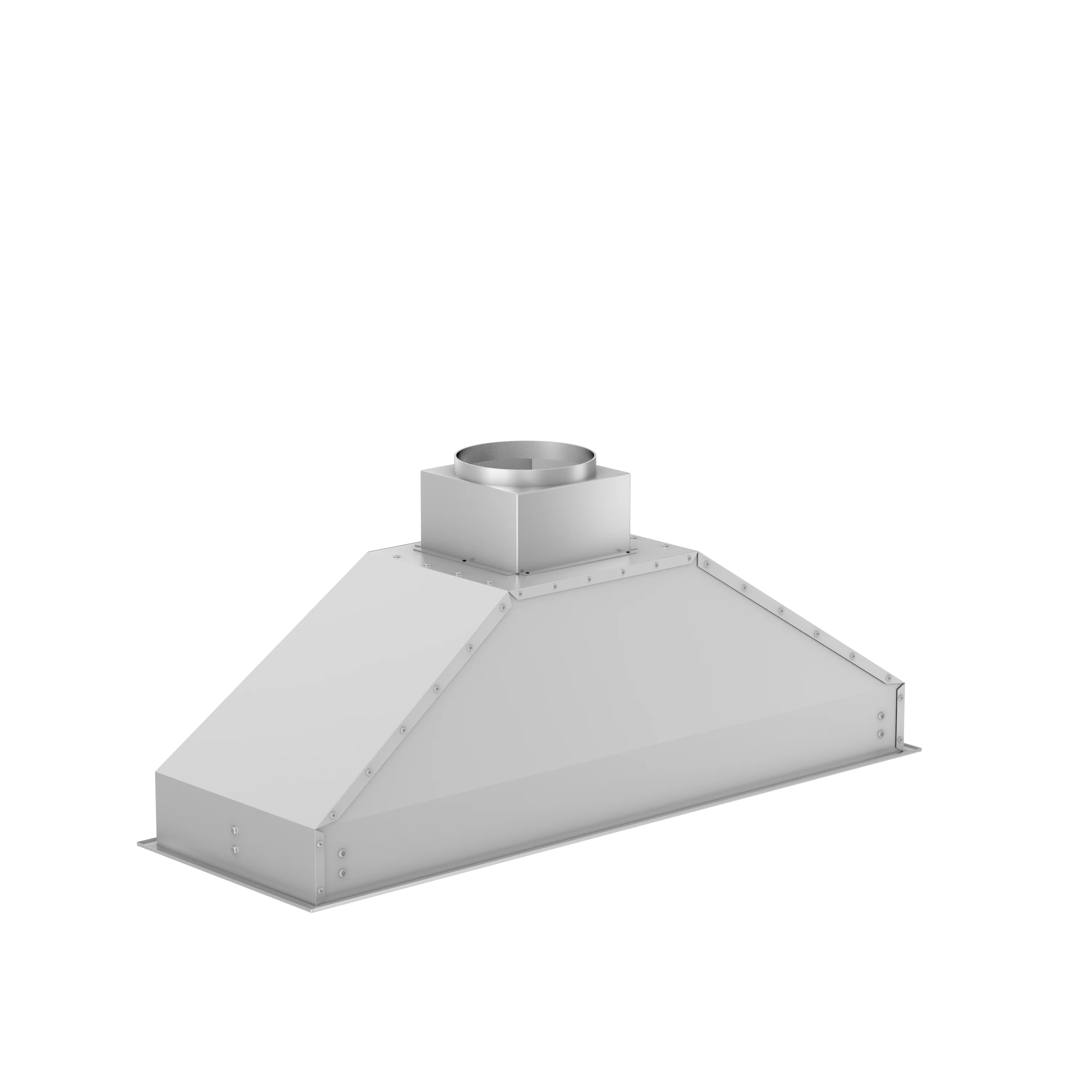 Stainless steel range hood insert with top flue collar and wide rectangular canopy