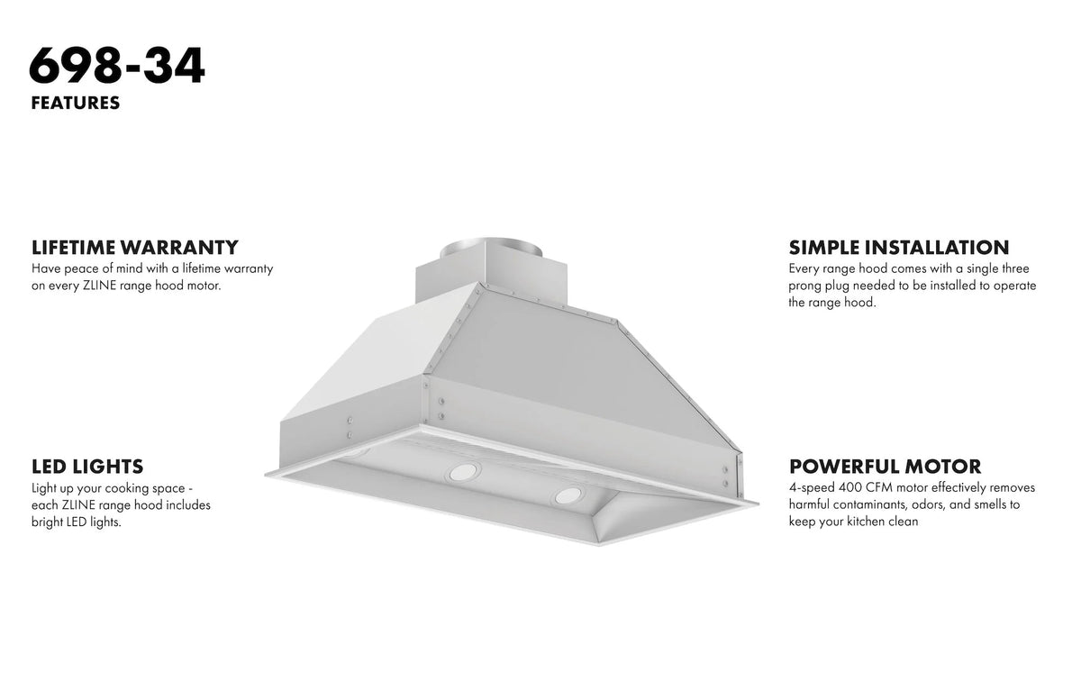 Stainless steel range hood insert with flue and vent opening, product diagram
