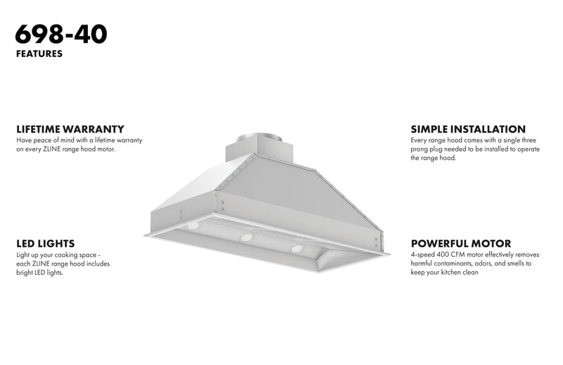 ZLINE 40-Inch Outdoor/Indoor Range Hood Insert in Stainless Steel - 18-Inch Depth (698-304-40)