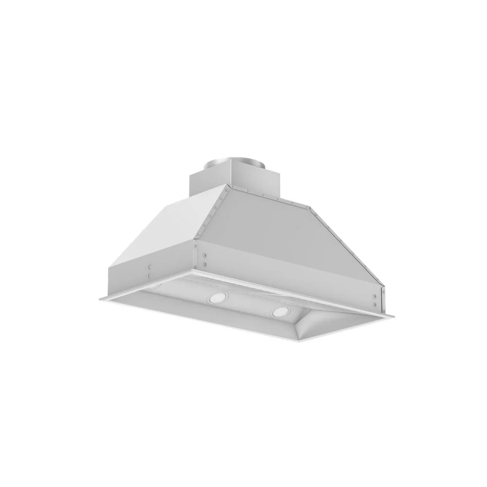 Stainless steel range hood insert with angled canopy and two visible LED light spots.