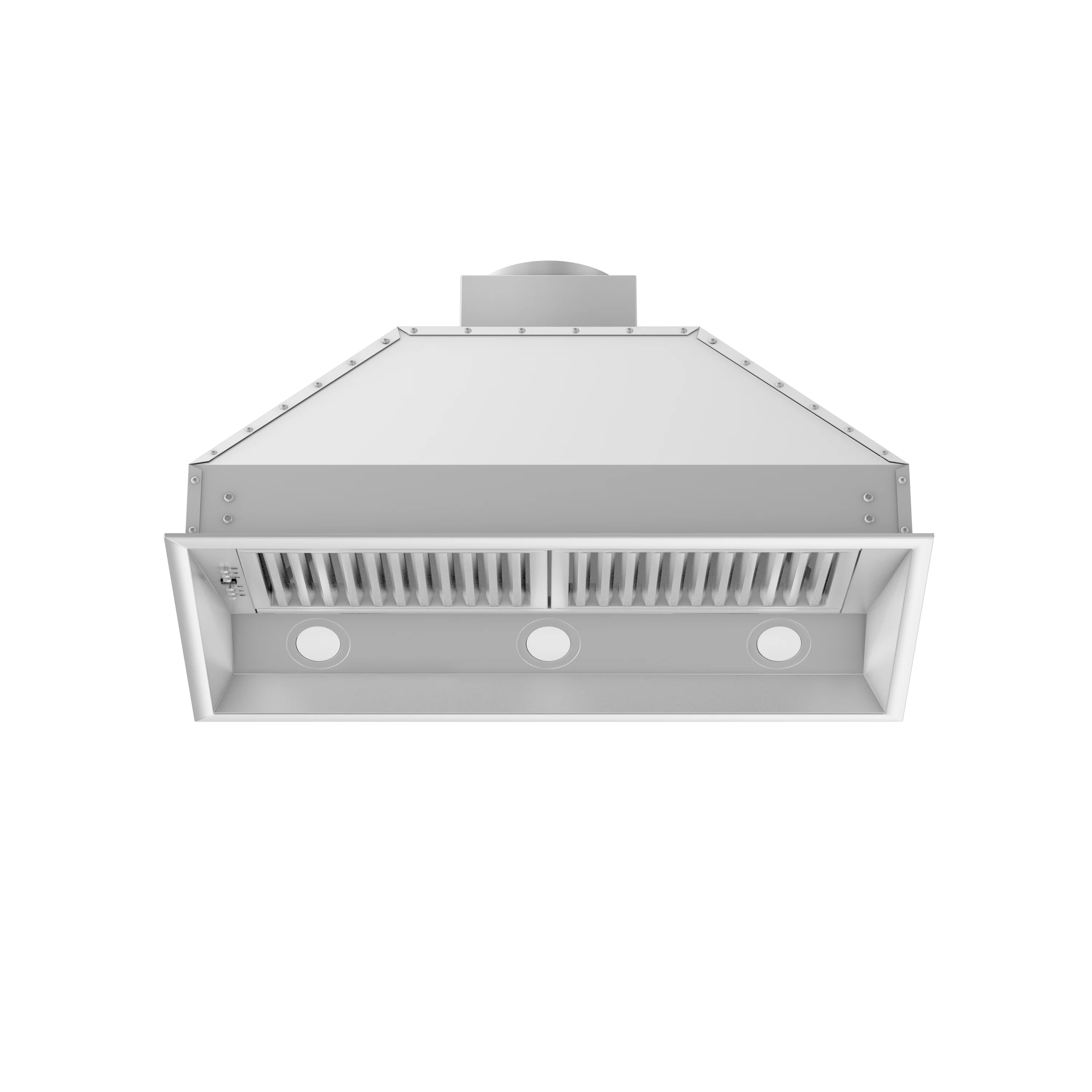 Stainless steel range hood insert front grille with three round openings and baffle vents