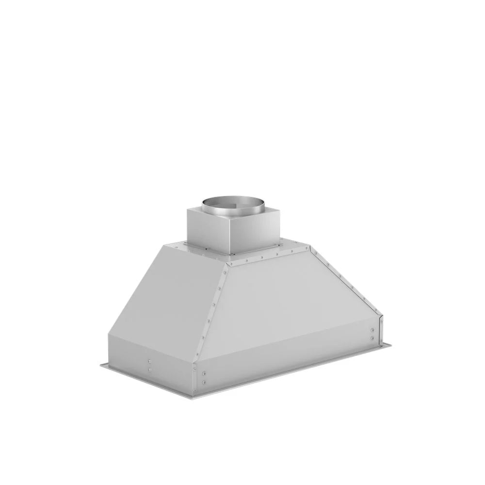 Stainless steel range hood insert with angled canopy and round duct outlet.