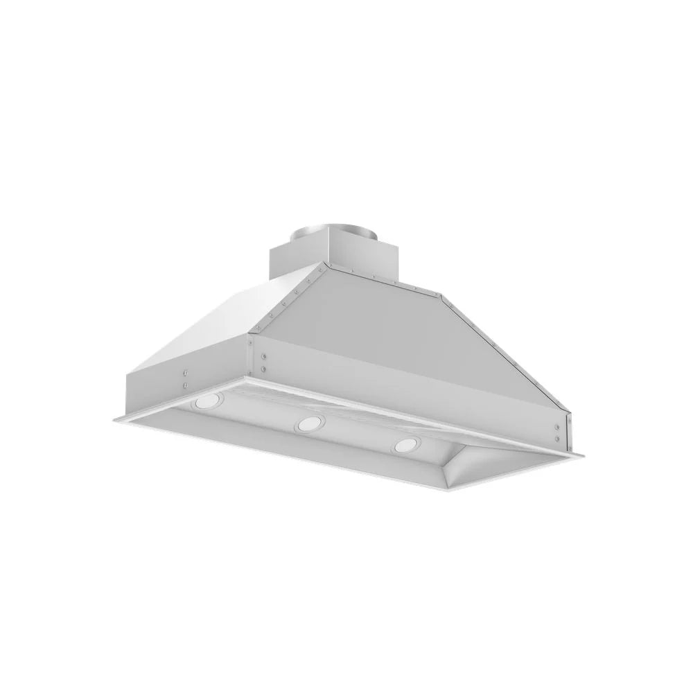 Stainless steel range hood insert with underside LED lights and raised chimney vent.
