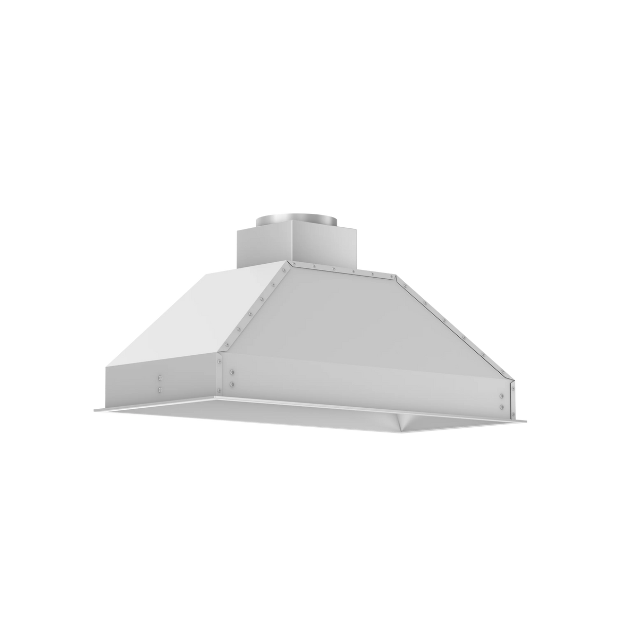 Stainless steel range hood insert angled view with duct collar