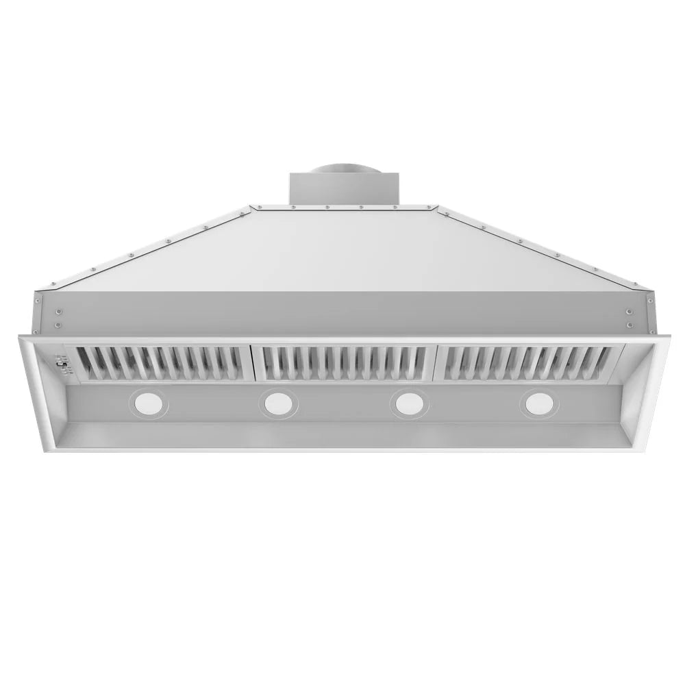 Stainless steel range hood insert with front vent grille and three round light openings