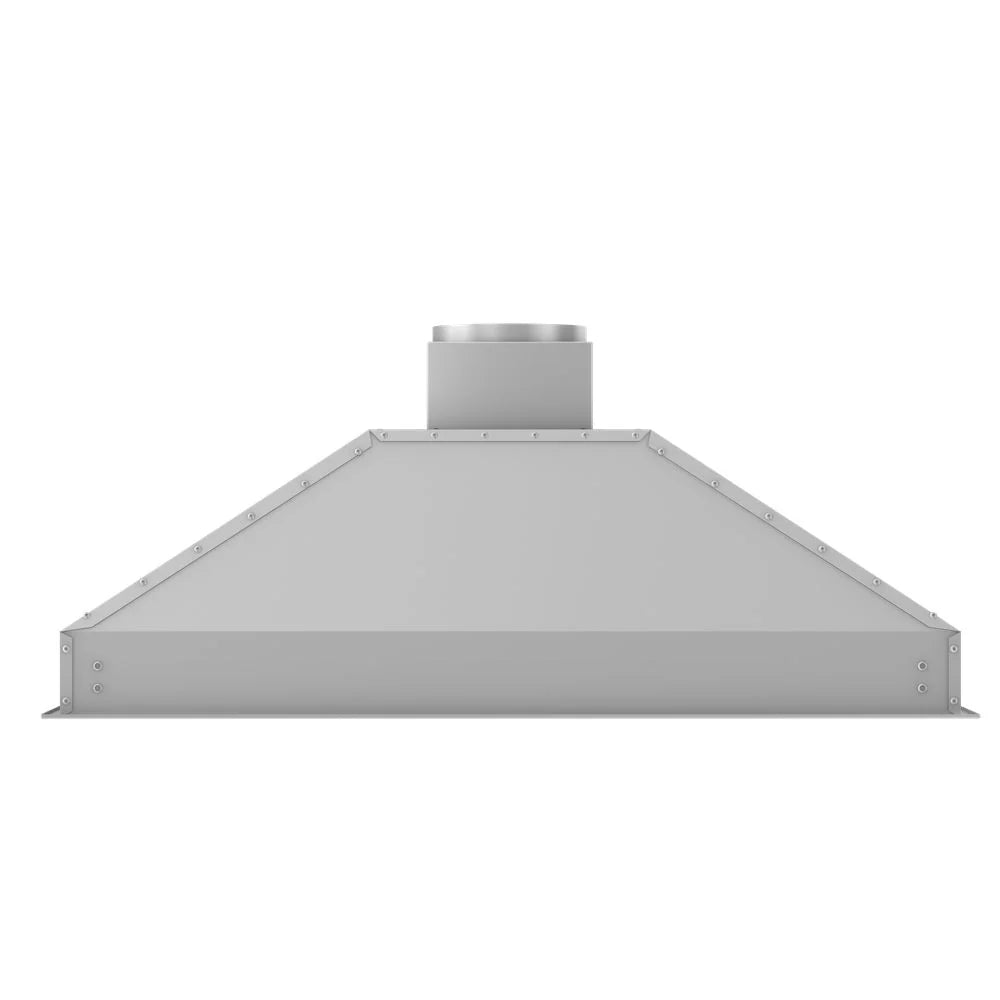 Stainless steel range hood insert with flared canopy and centered round duct collar