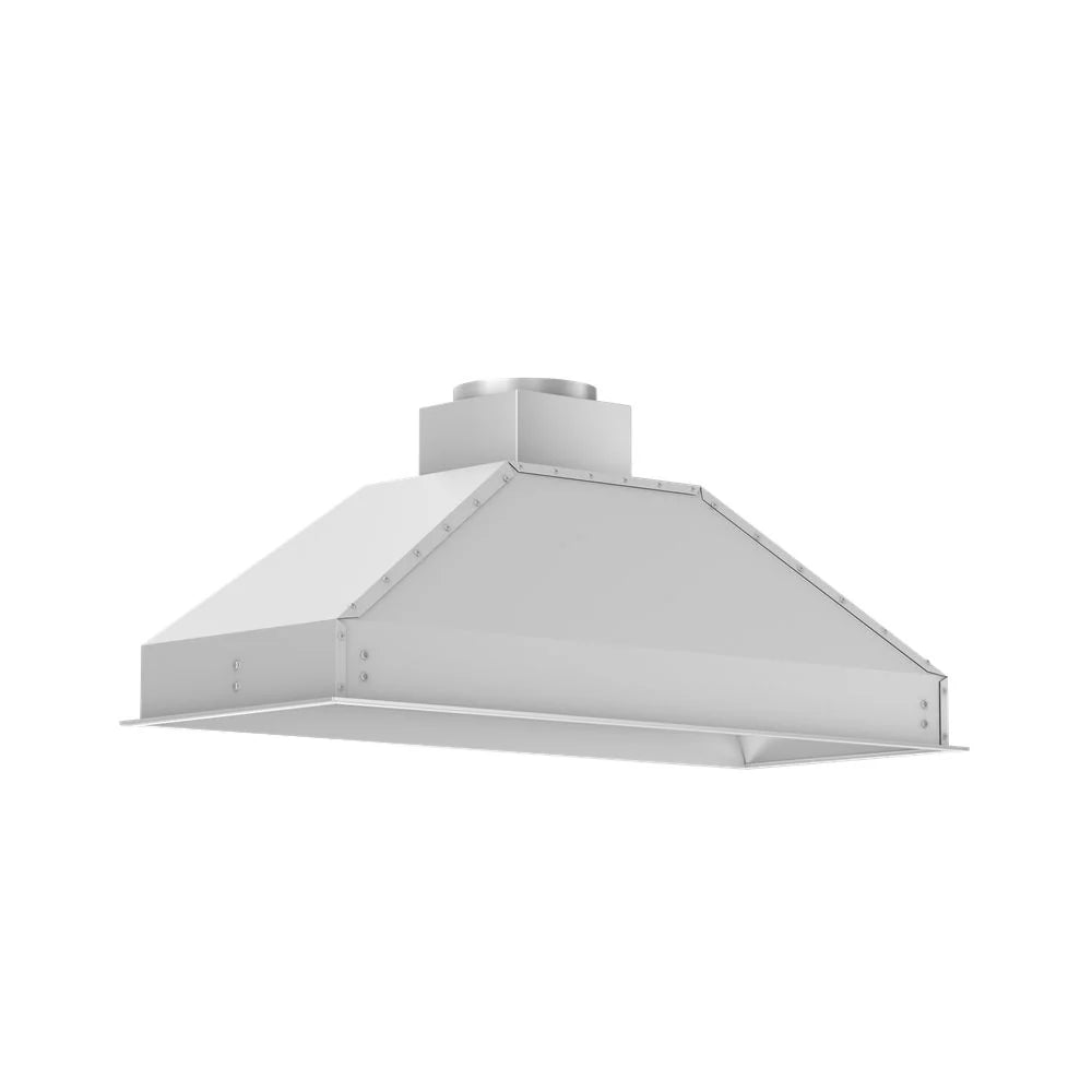 Stainless steel range hood insert with angled canopy and round duct outlet on top