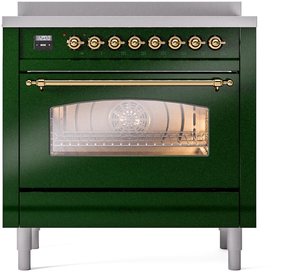 Emerald green freestanding induction range with brass-trim knobs and glass oven window