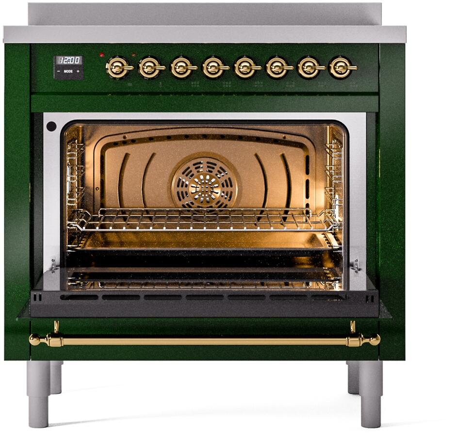 Freestanding induction range with open oven door, brass handle, and interior rack