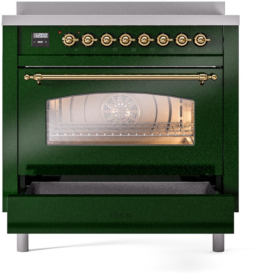 Emerald green freestanding induction range with brass trim, glass door window, and display