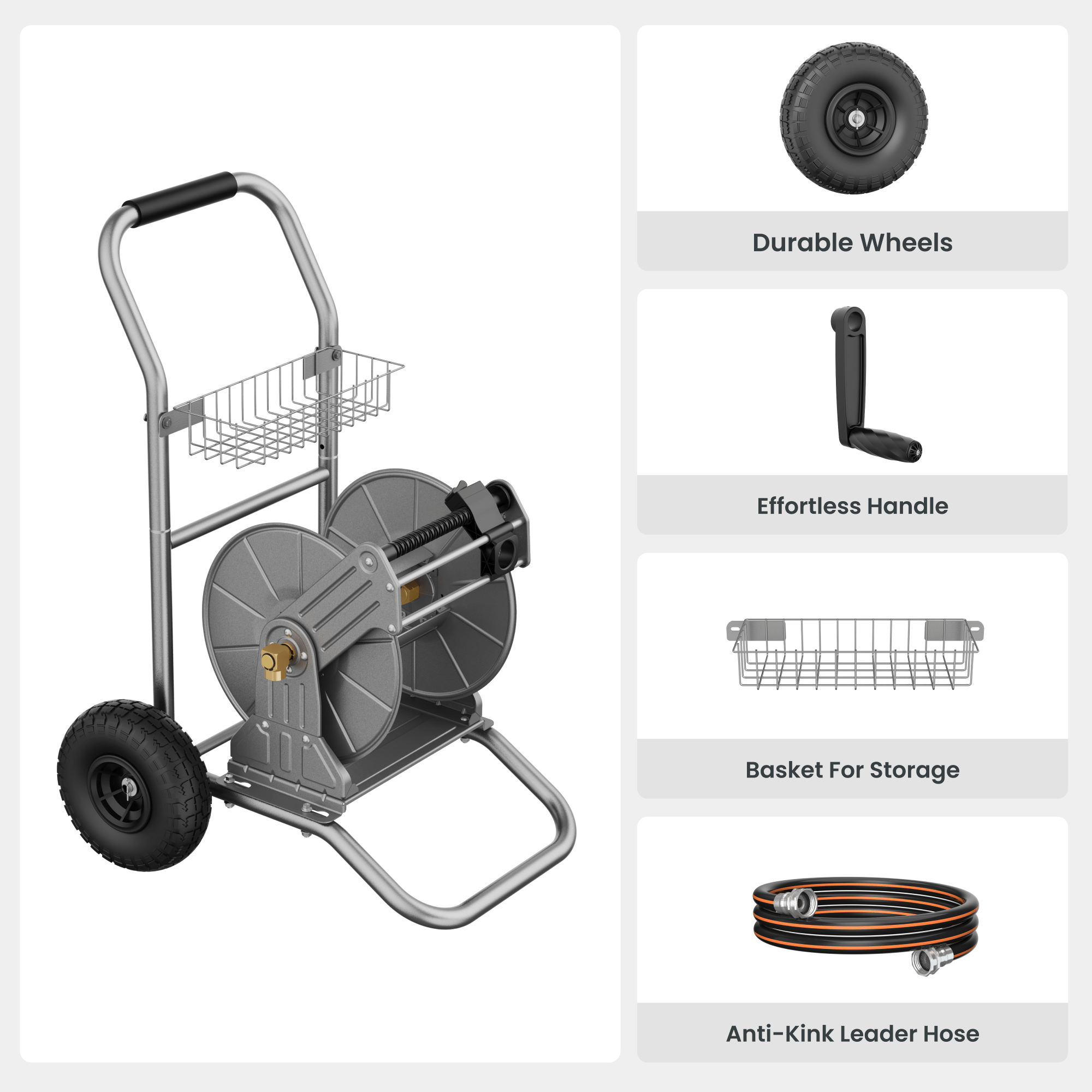 Garden hose reel cart with durable wheels, storage basket, and coiled hose