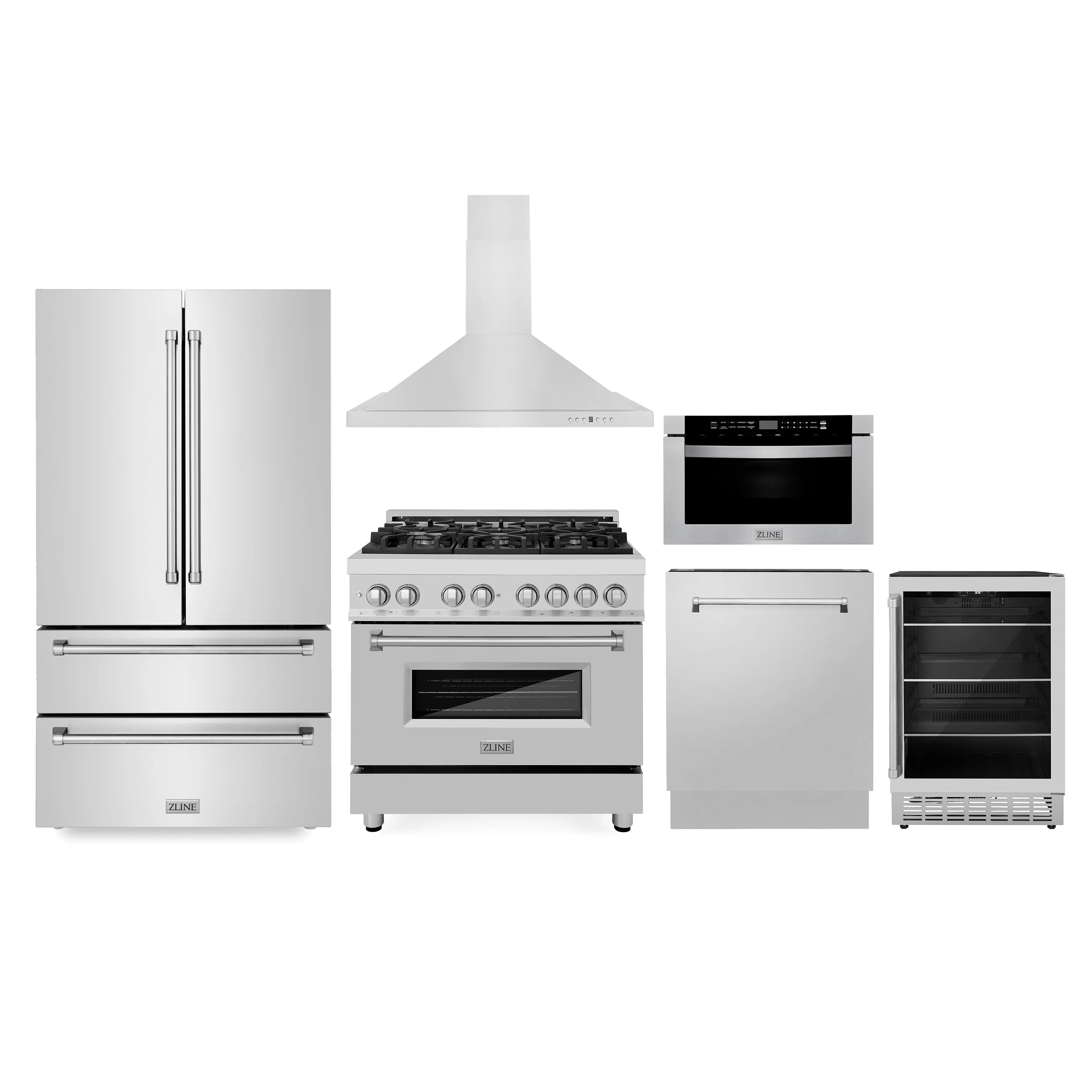 Stainless steel appliance package set with dual fuel range, hood, microwave drawer, and fridge