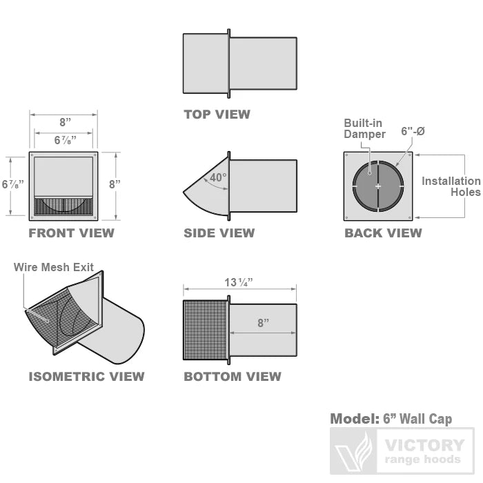 6-inch metal wall duct cap with wire mesh outlet