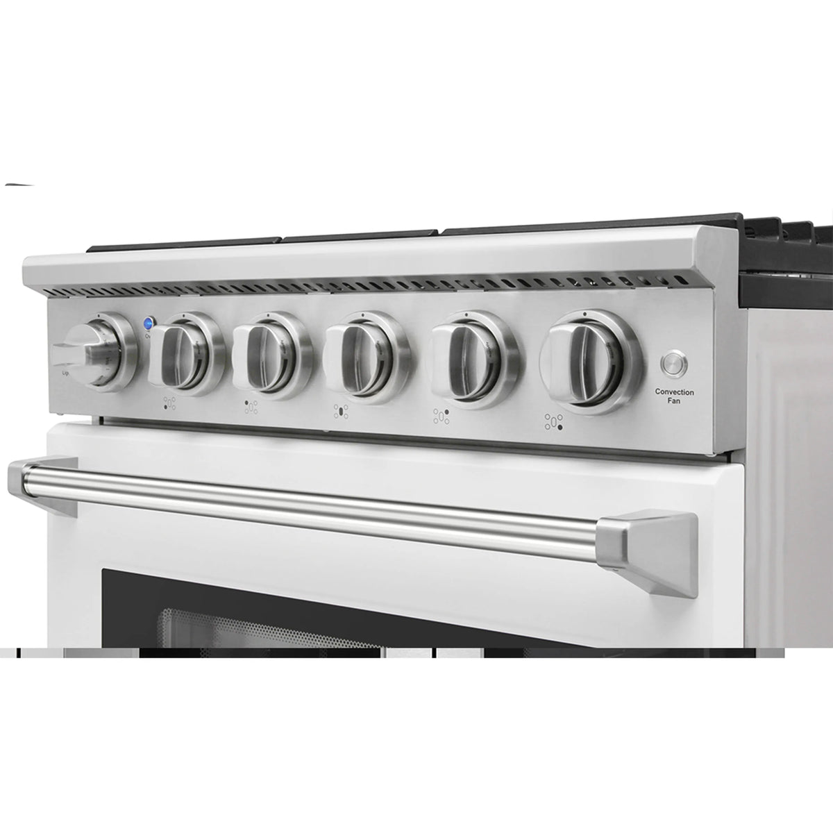White gas range control panel with six burner knobs and convection function text